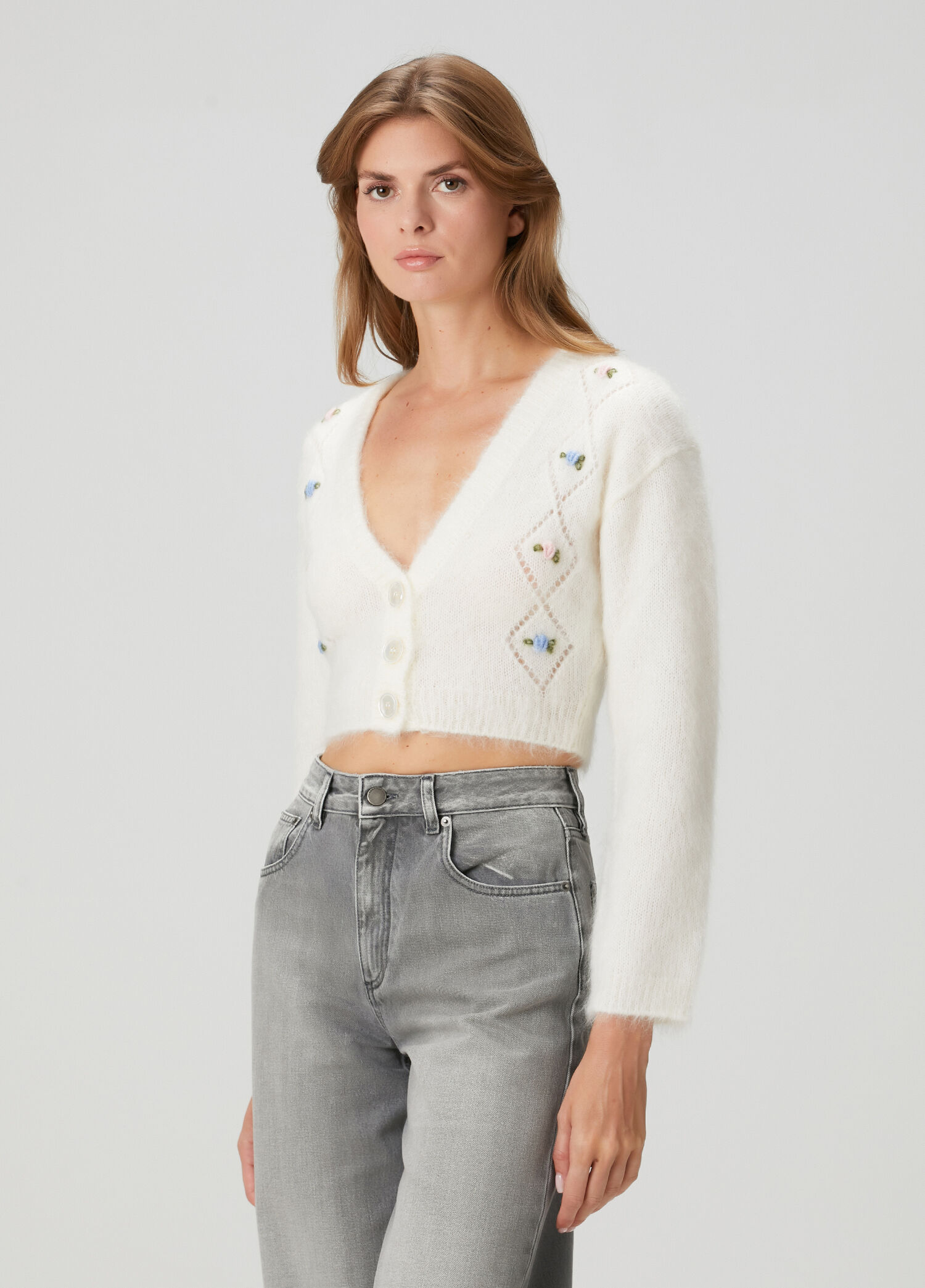 White Embroidered Cropped Wool Cardigan