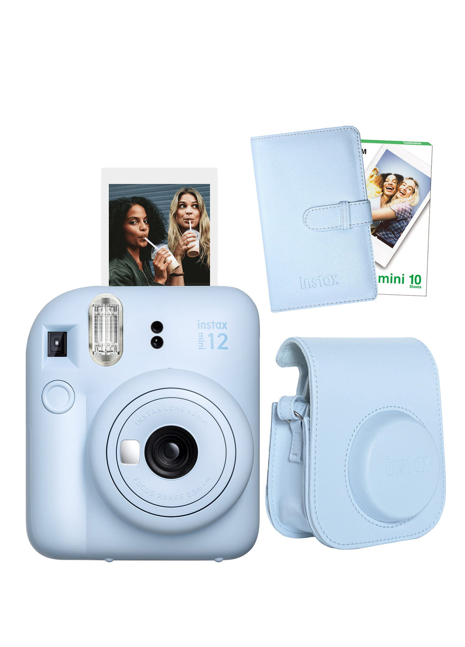 Instax Mini 12 Mavi Fotoğraf Makinesi + 10'lu Film Laporta Albüm ve Deri Kılıf Seti