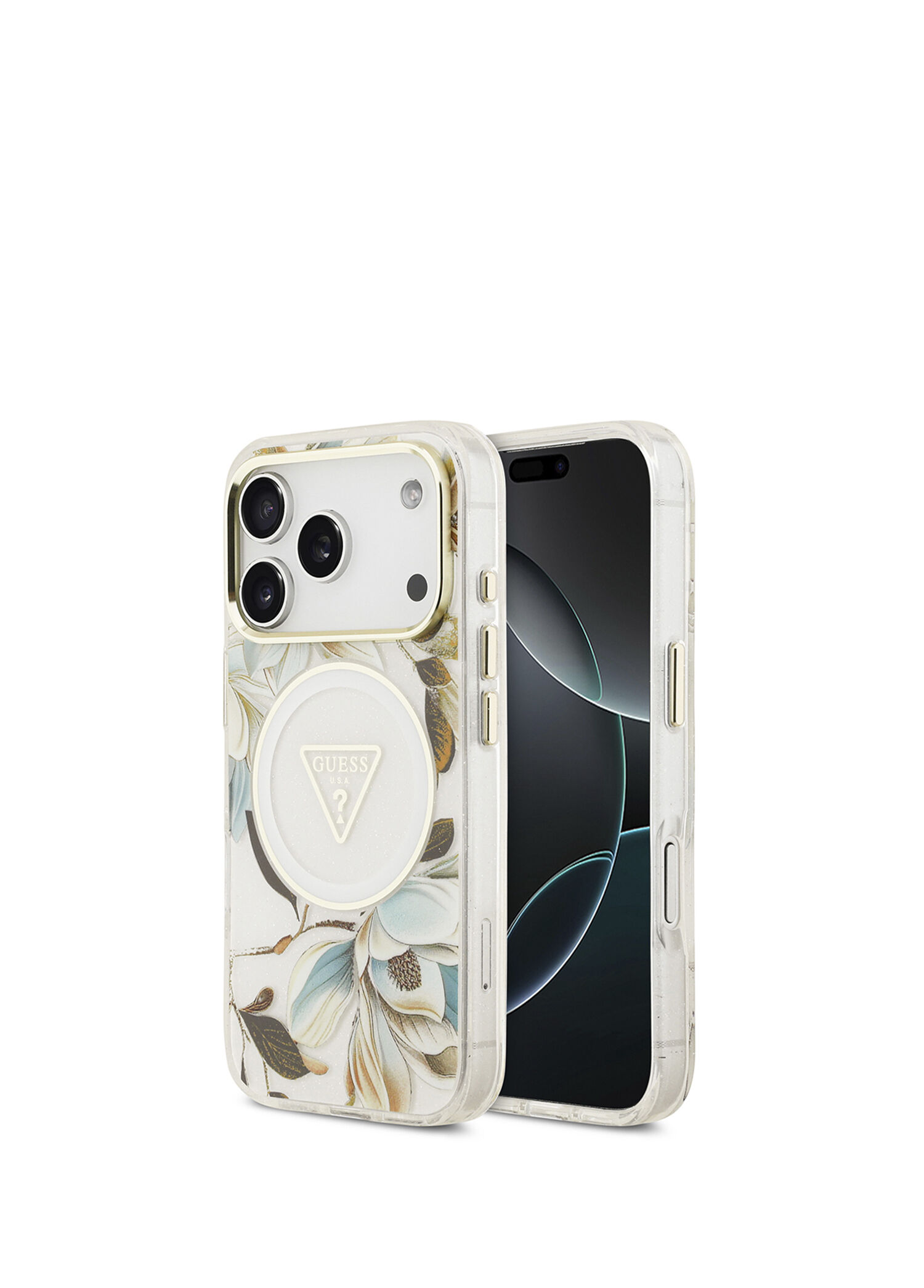 iPhone 17 Pro Simli Çiçek Desenli Metal Kamera Çerçeveli Magsafe Uyumlu Telefon Kılıfı