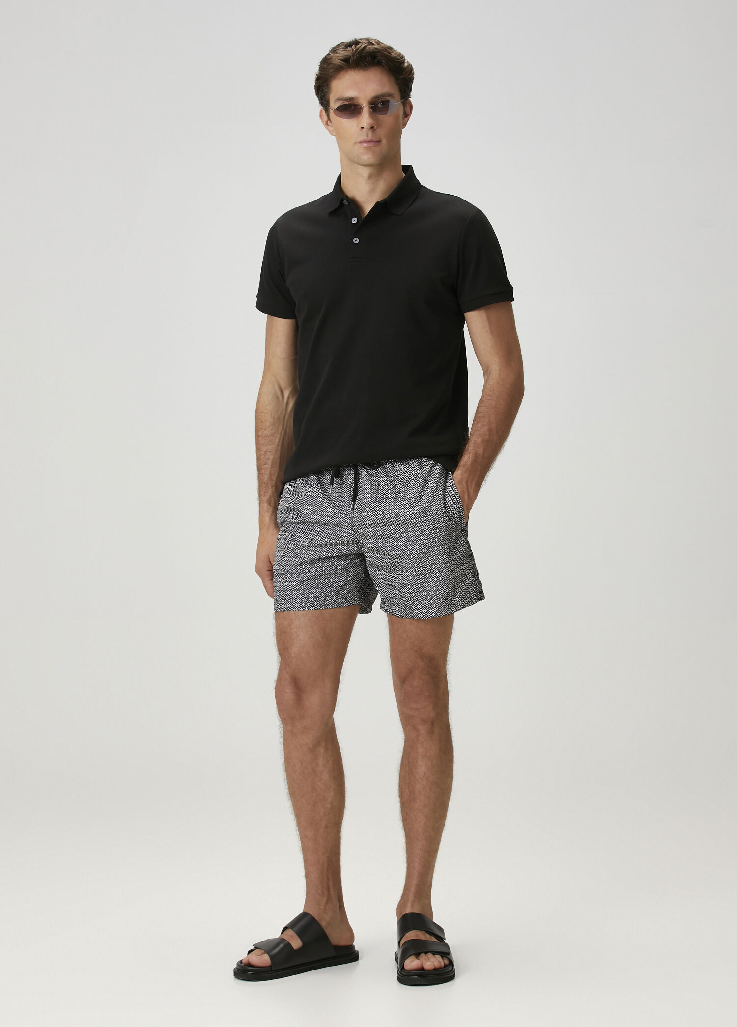 Black Zigzag Patterned Swimsuit Shorts