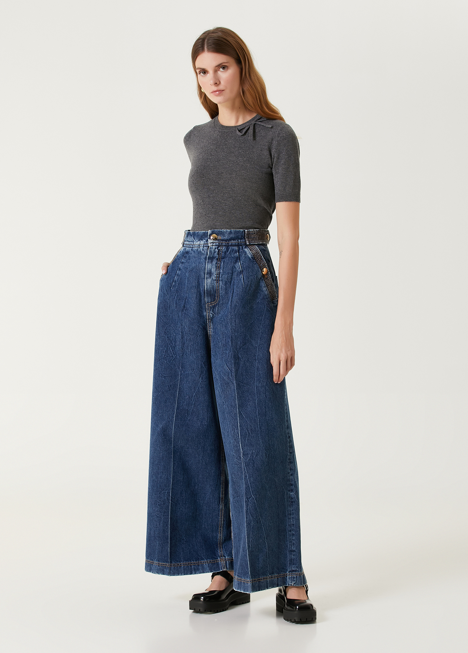 Koyu Mavi Wide Leg Jean Pantolon