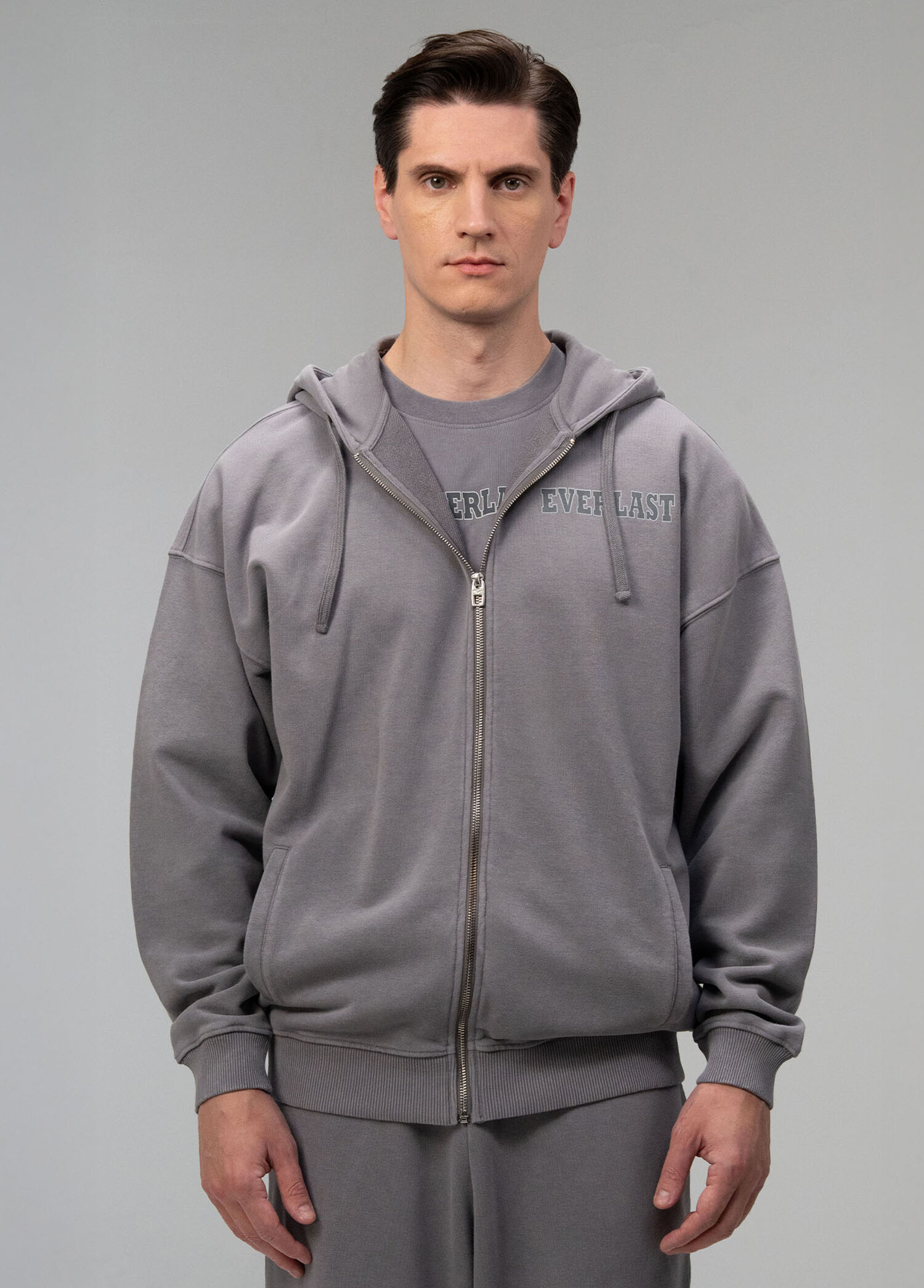 Giant Logo Detaylı Koyu Gri Fermuarlı Oversize Erkek Sweatshirt