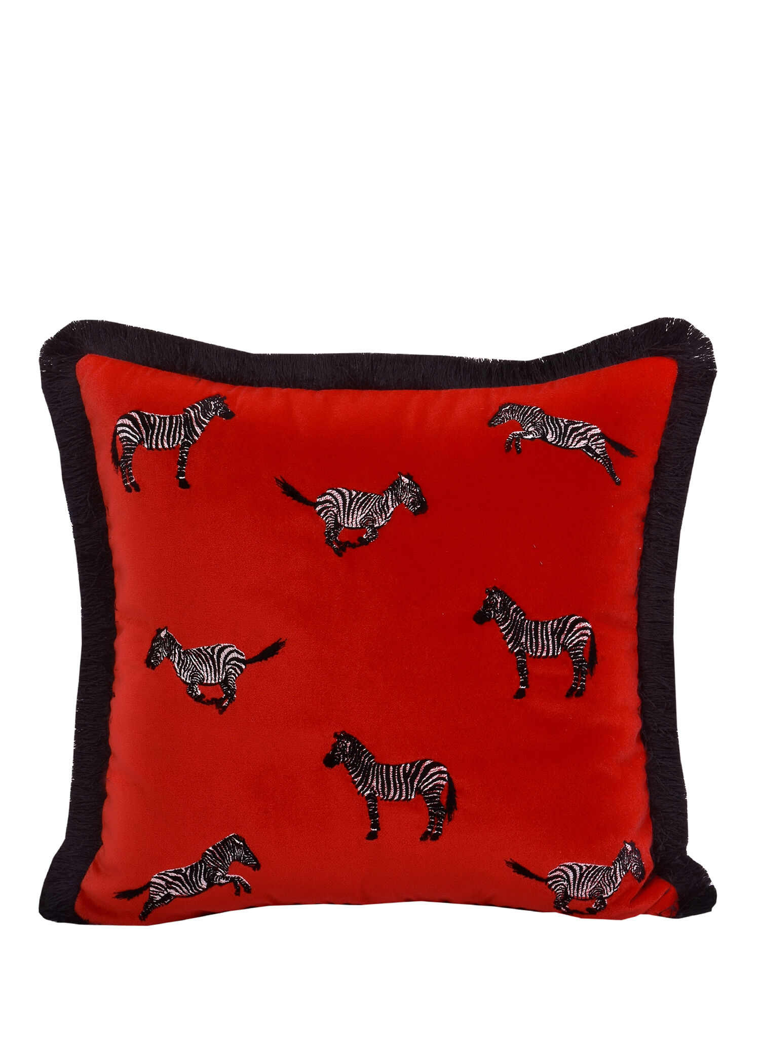 Dekoratif Zebra Nakış İşlemeli Siyah Püsküllü Kırmızı Kadife Yastık Kılıfı 45x45 cm