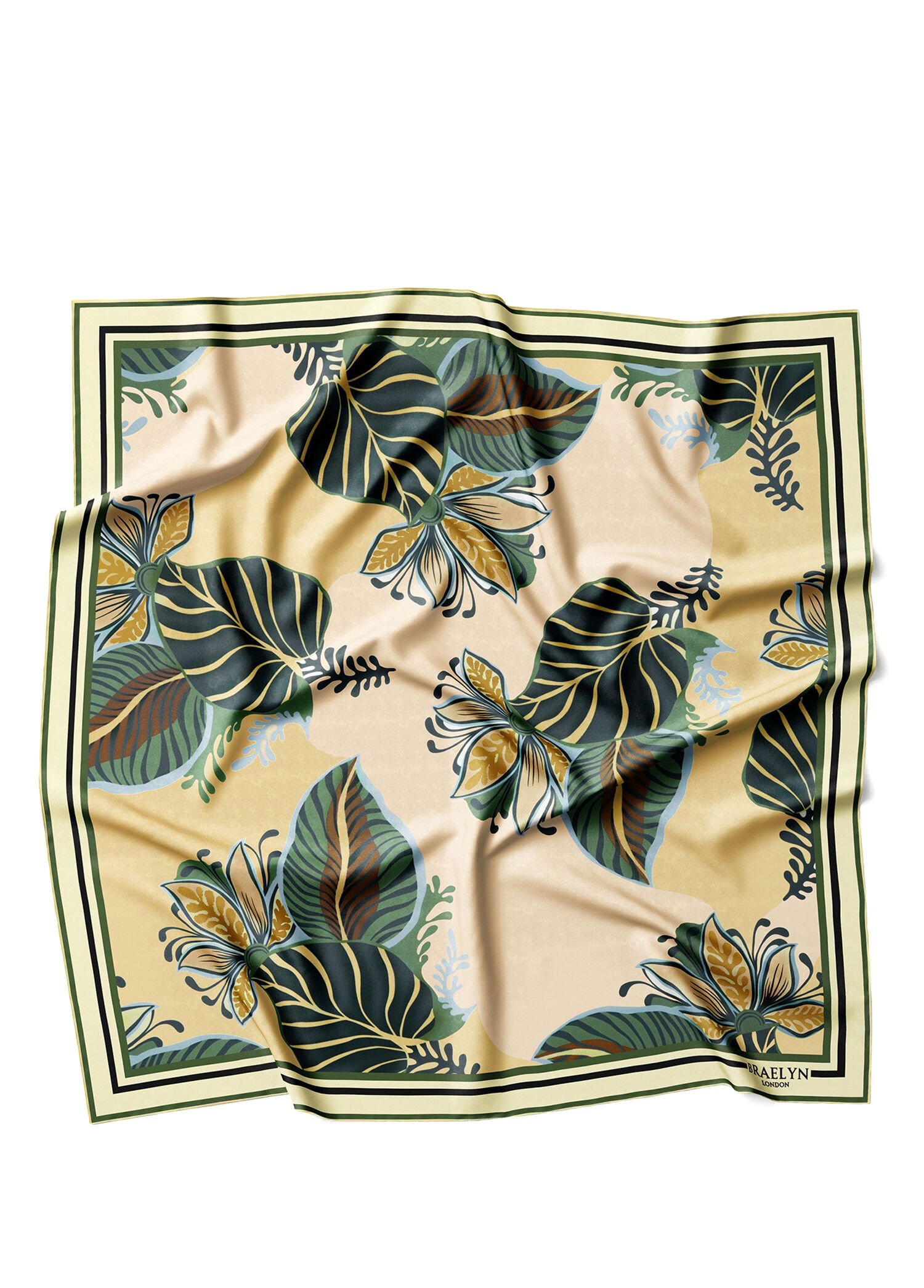 Sunkissed Palms Bej Yeşil Twill İpek Kadın Eşarp