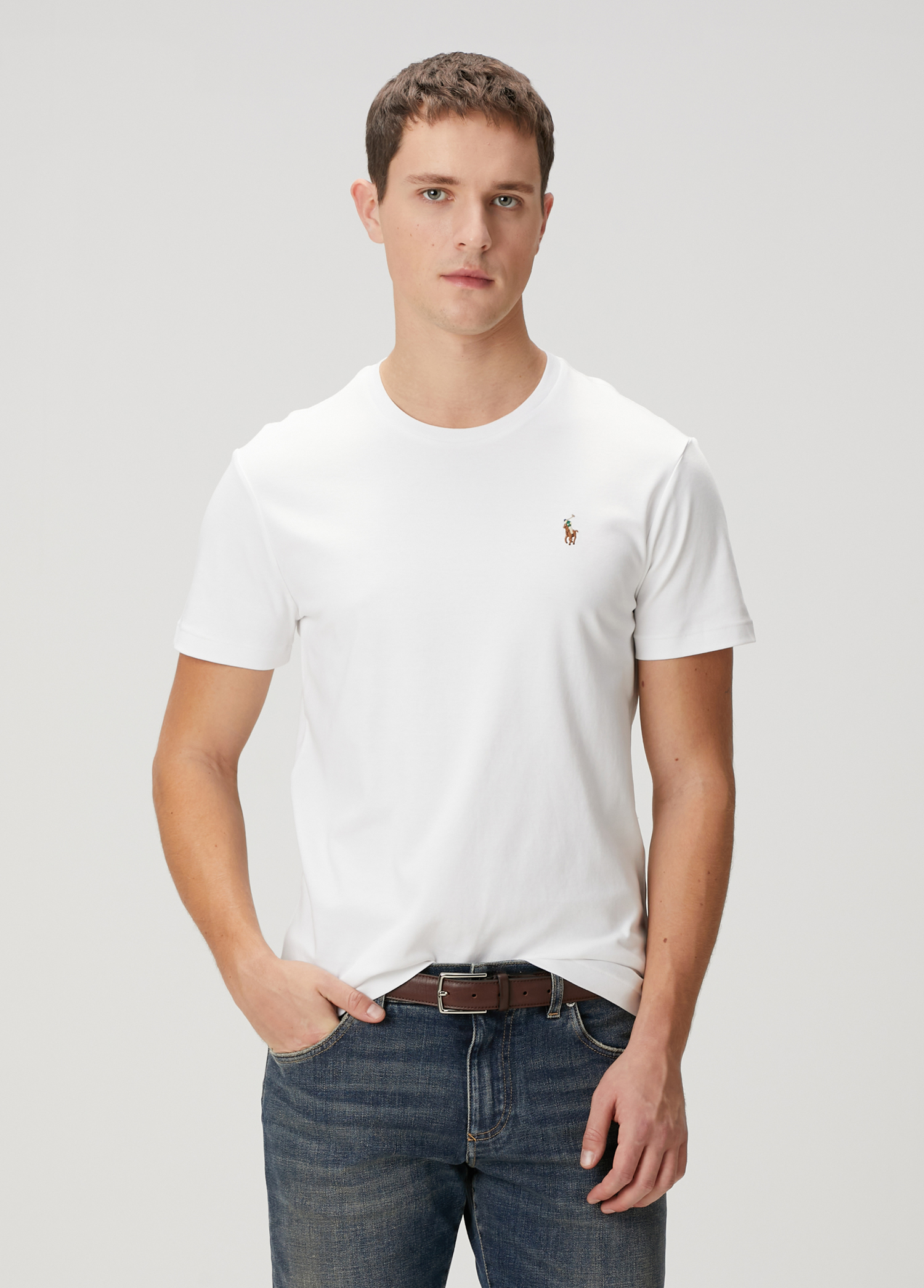 Beyaz Logo Nakışlı Basic T-shirt