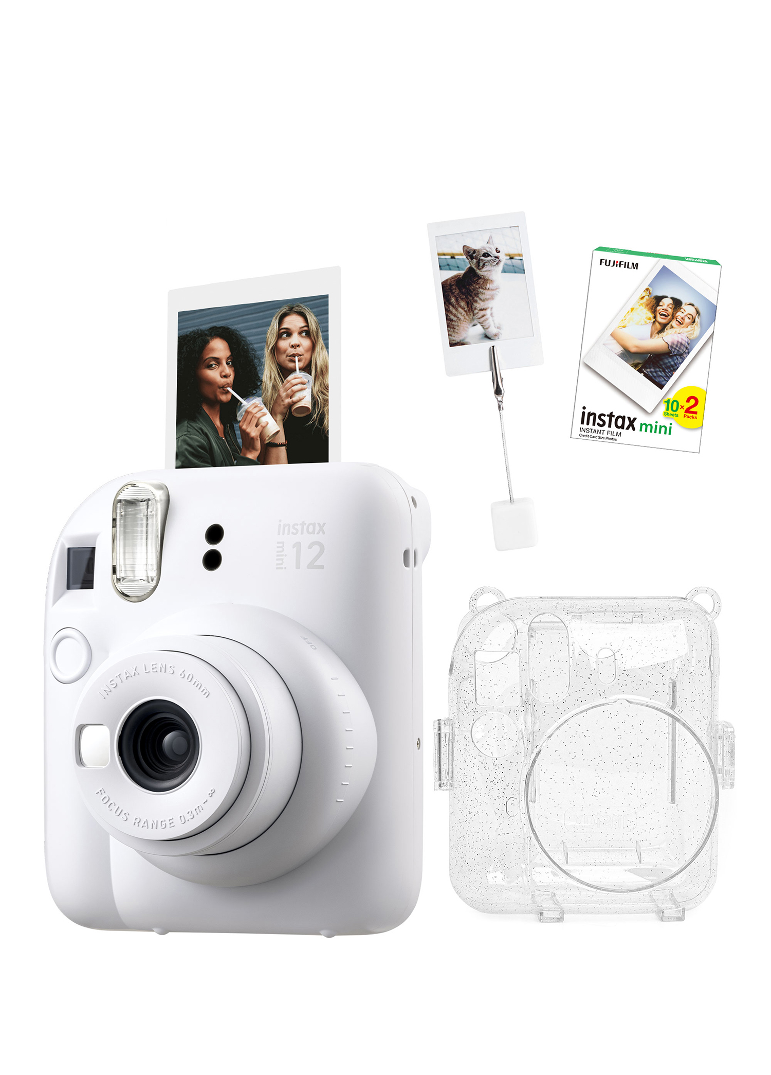 Instax Mini 12 Beyaz Fotoğraf Makinesi +20'li Film Kıskaçlı Resim Standı ve Simli Pleksi Kılıf Seti