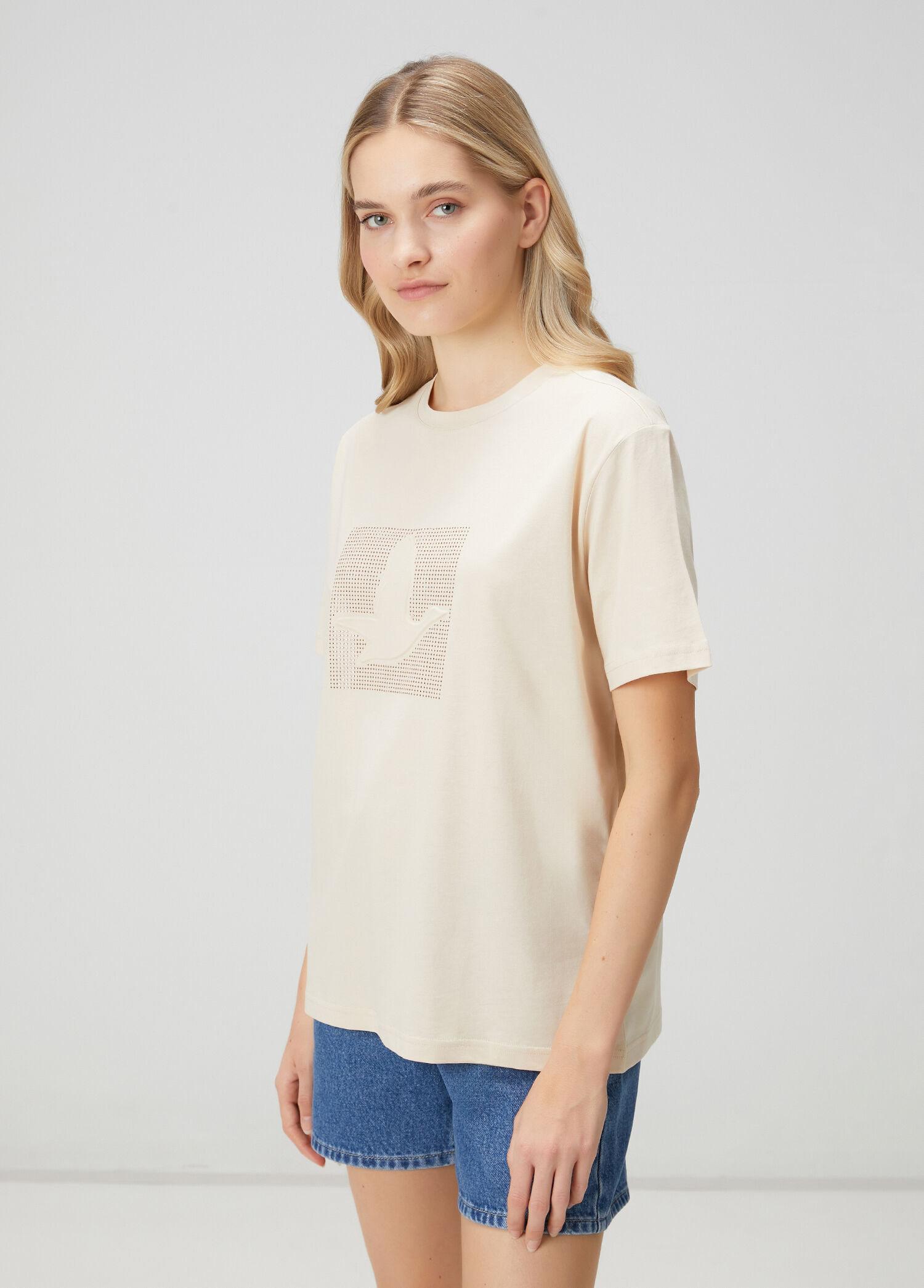 Bej Hotfix Gofre Logolu Bol T-shirt