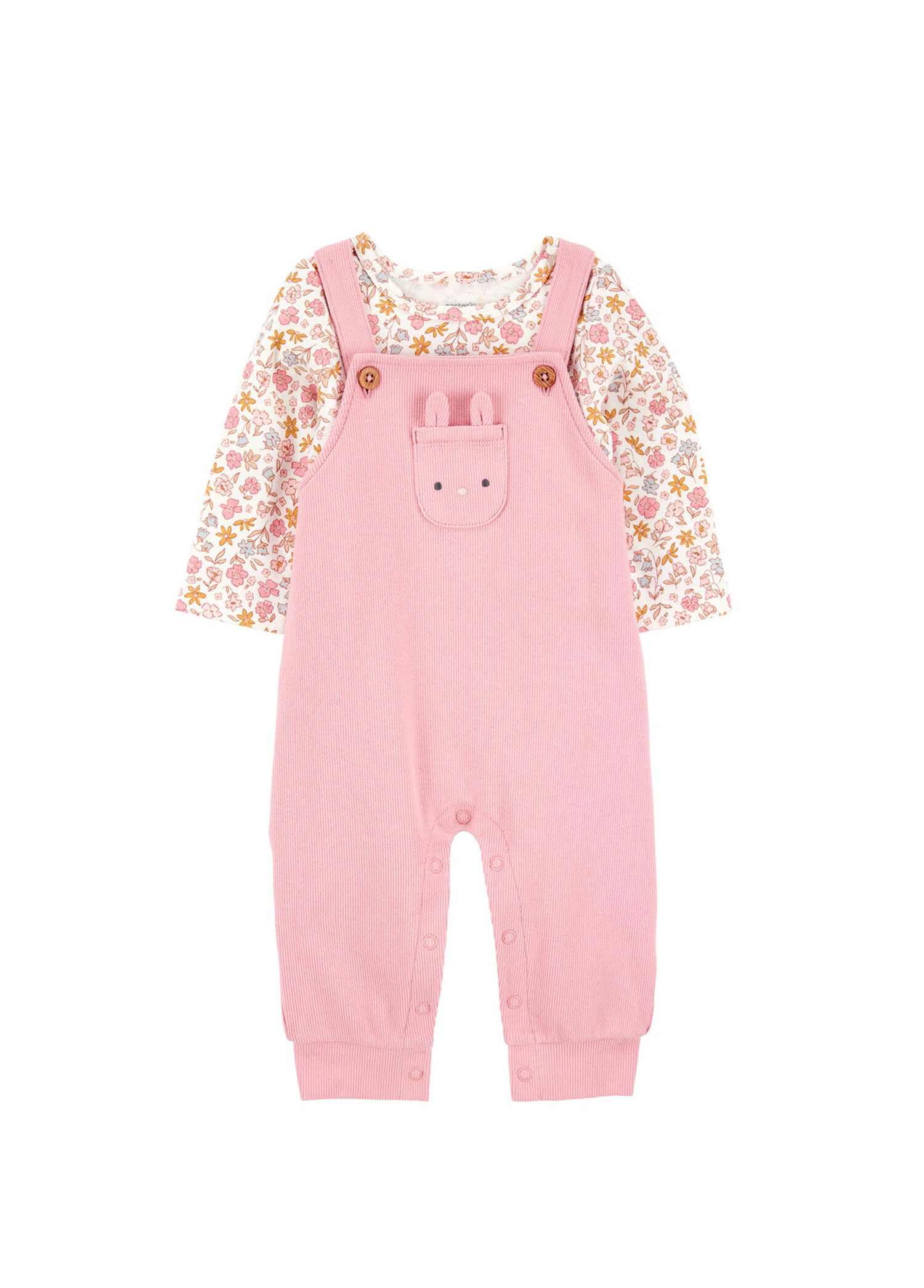 Çiçek Desenli Pembe Uzun Kollu Bluz ve Salopet Kız Bebek 2'li Set