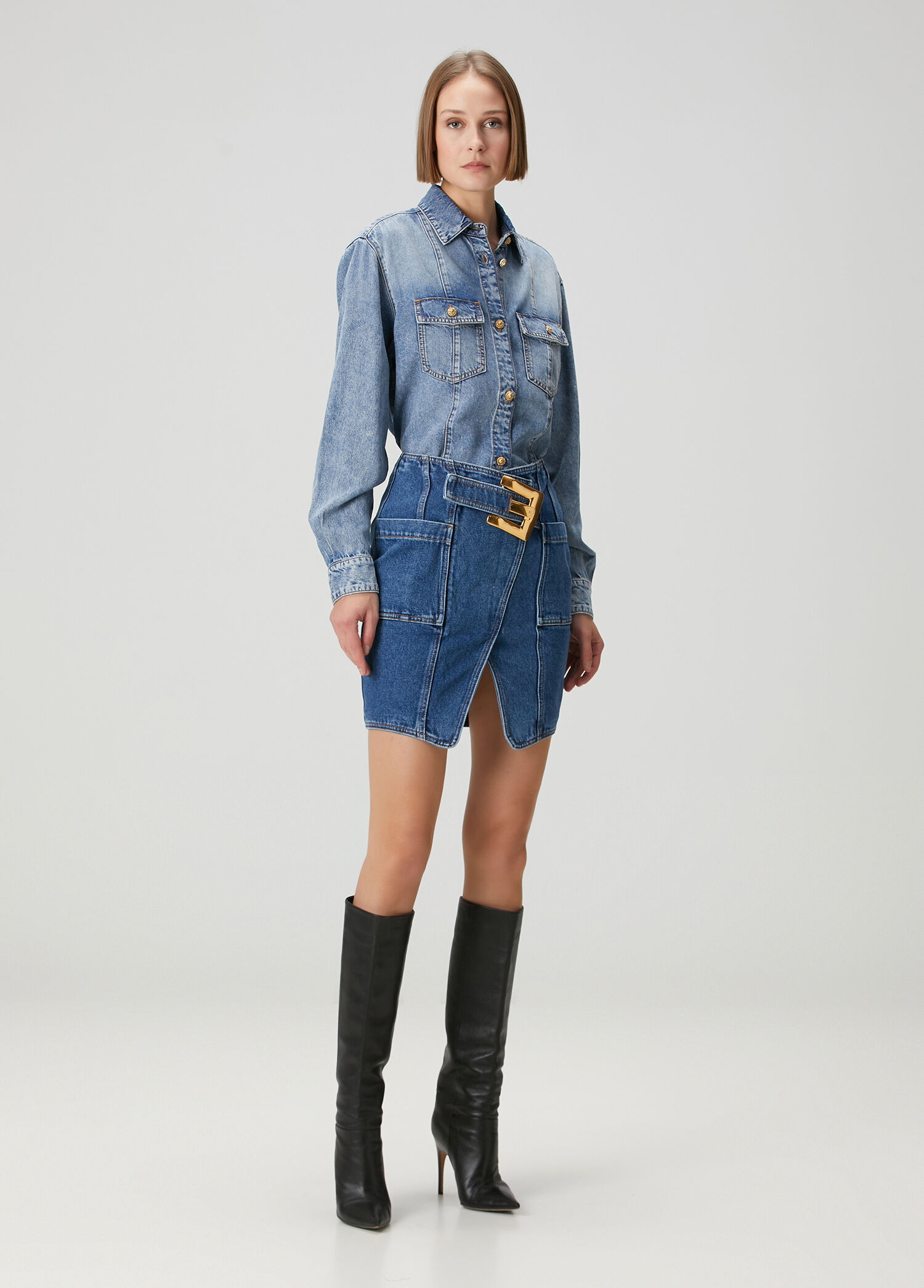 Mavi Kemerli Mini Denim Etek