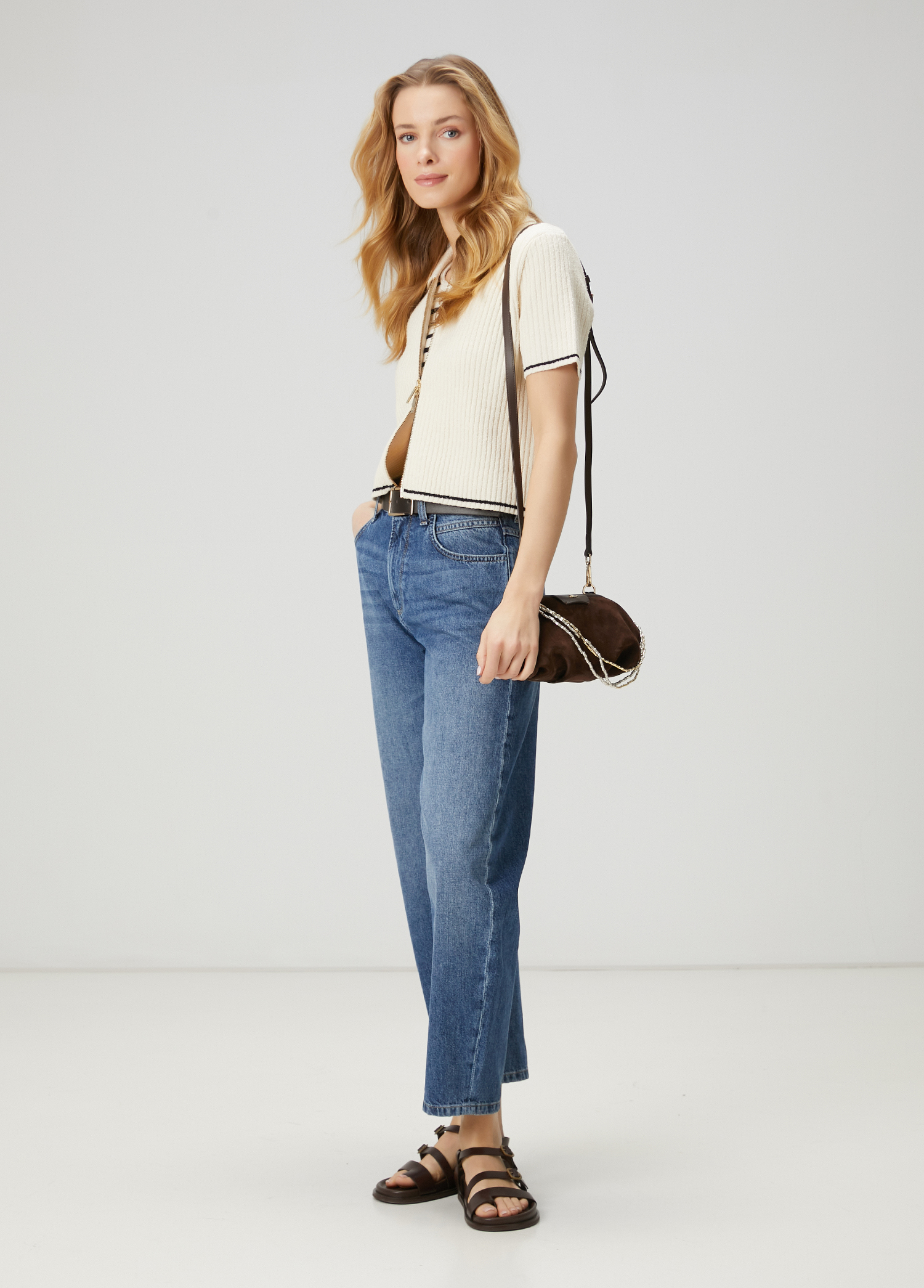 Ekru Crop Polo Hırka_1