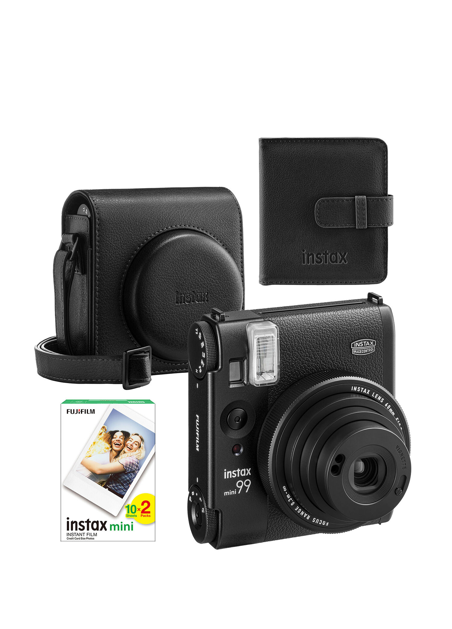 Instax Mini 99 Black Instant Camera Set of 20 Pieces Film Square Album and Leather Case
