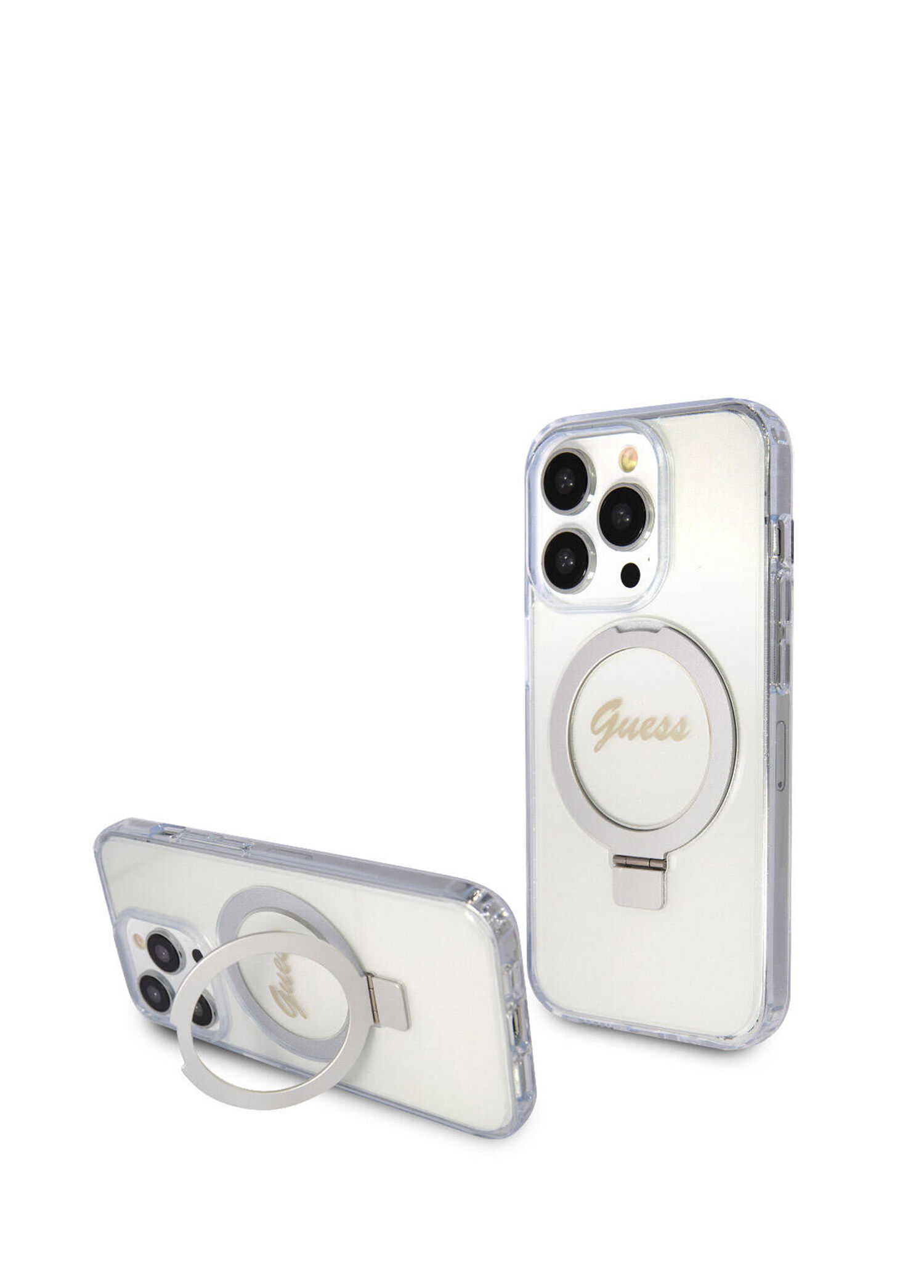 Guess  - iPhone 15 Pro Glitter Back Surface Ring Stand Magsafe Charging Transparent Phone Case