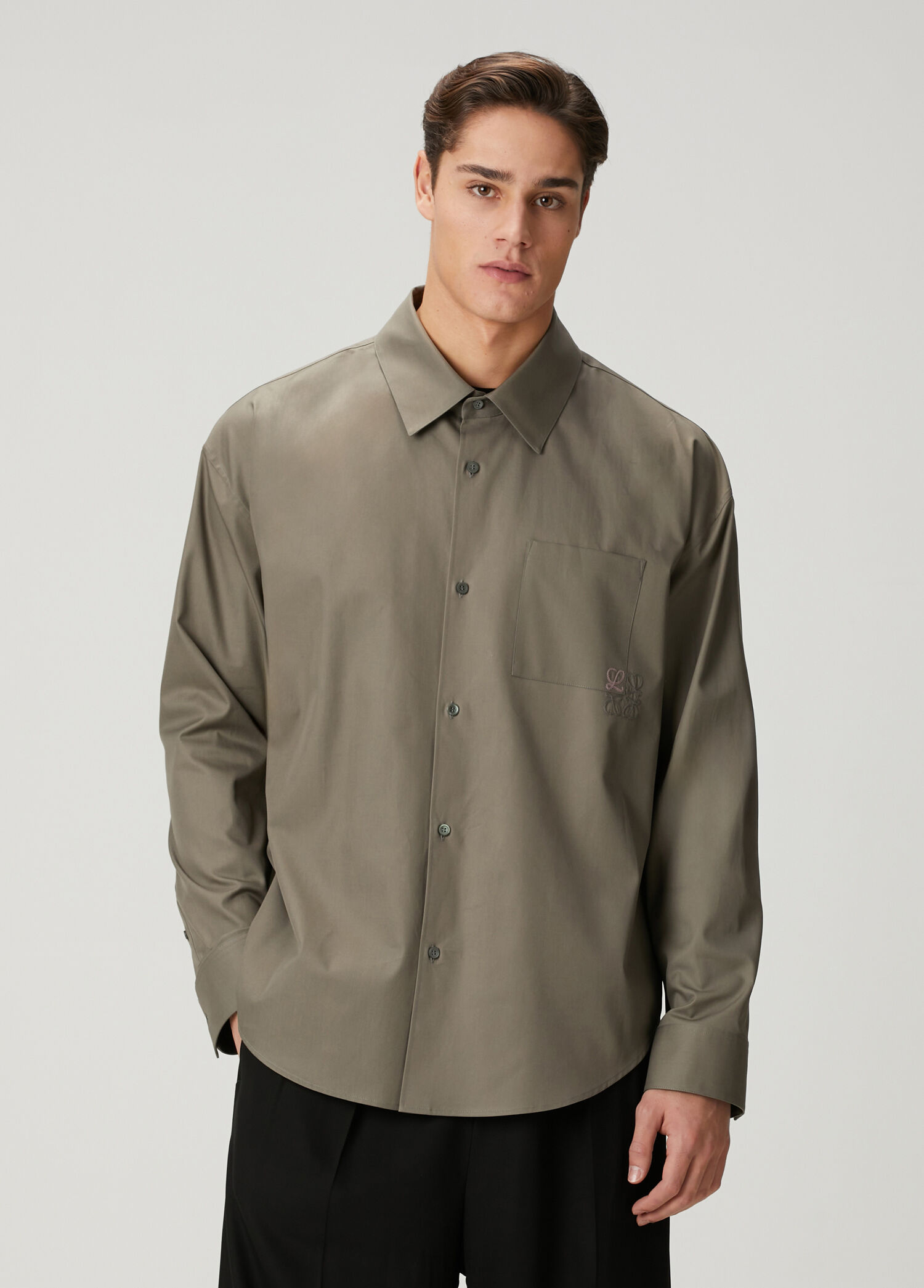Regular Fit Haki Logo Nakışlı Twill Gömlek