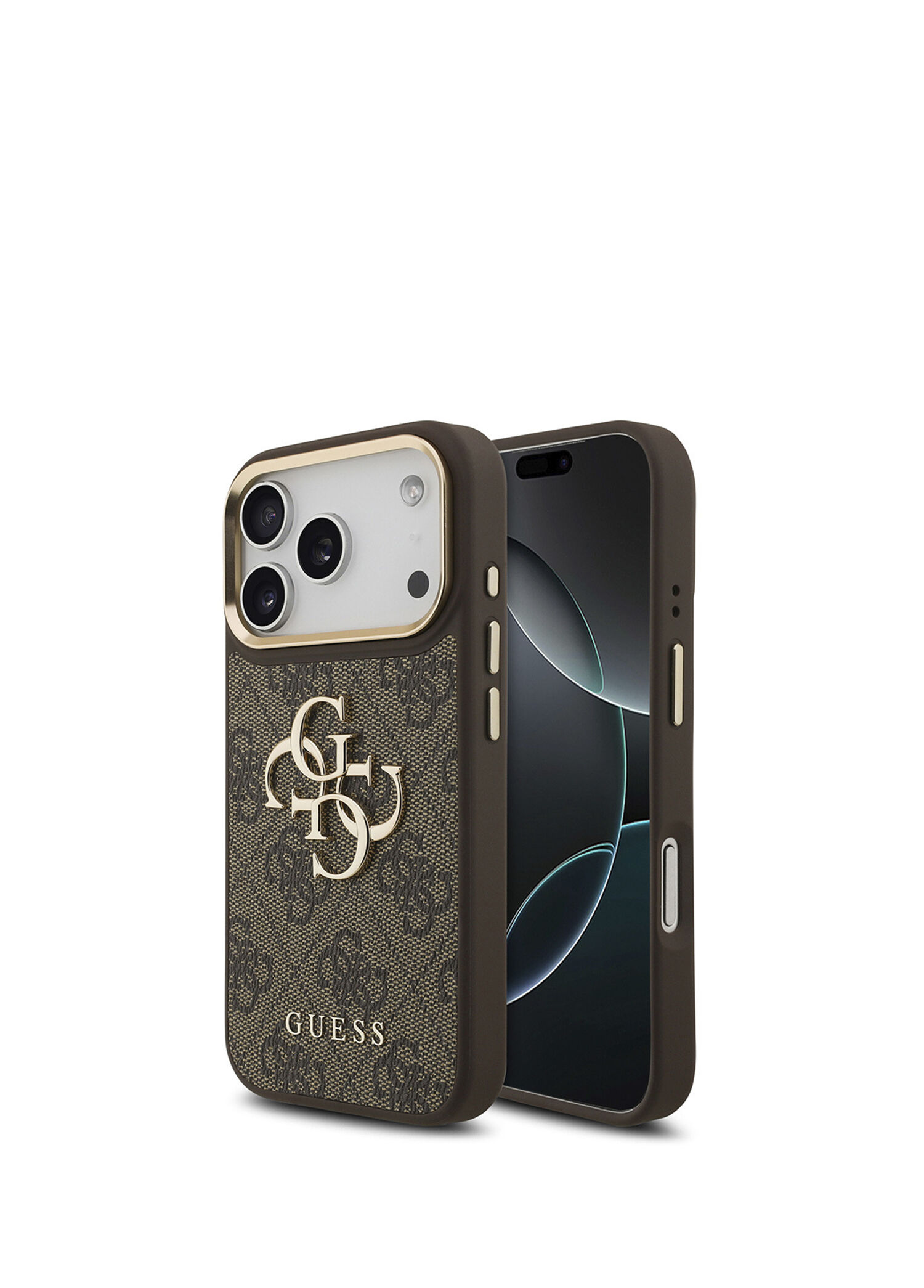 iPhone 17 Pro Gold Metal Kamera Çerçeveli 4G Desenli Metal Büyük Logolu Kahverengi Telefon Kılıfı