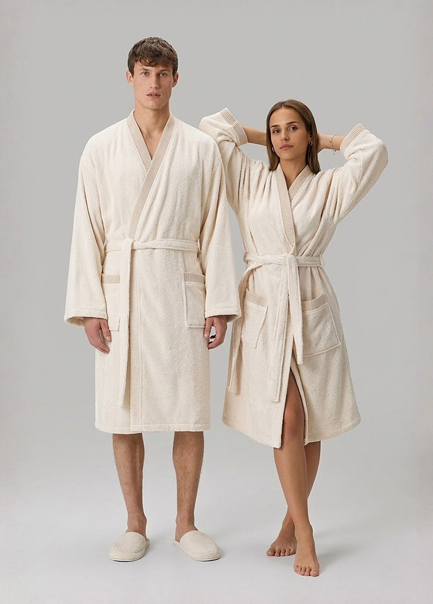 Marble Pamuklu Krem Unisex Bornoz Takımı