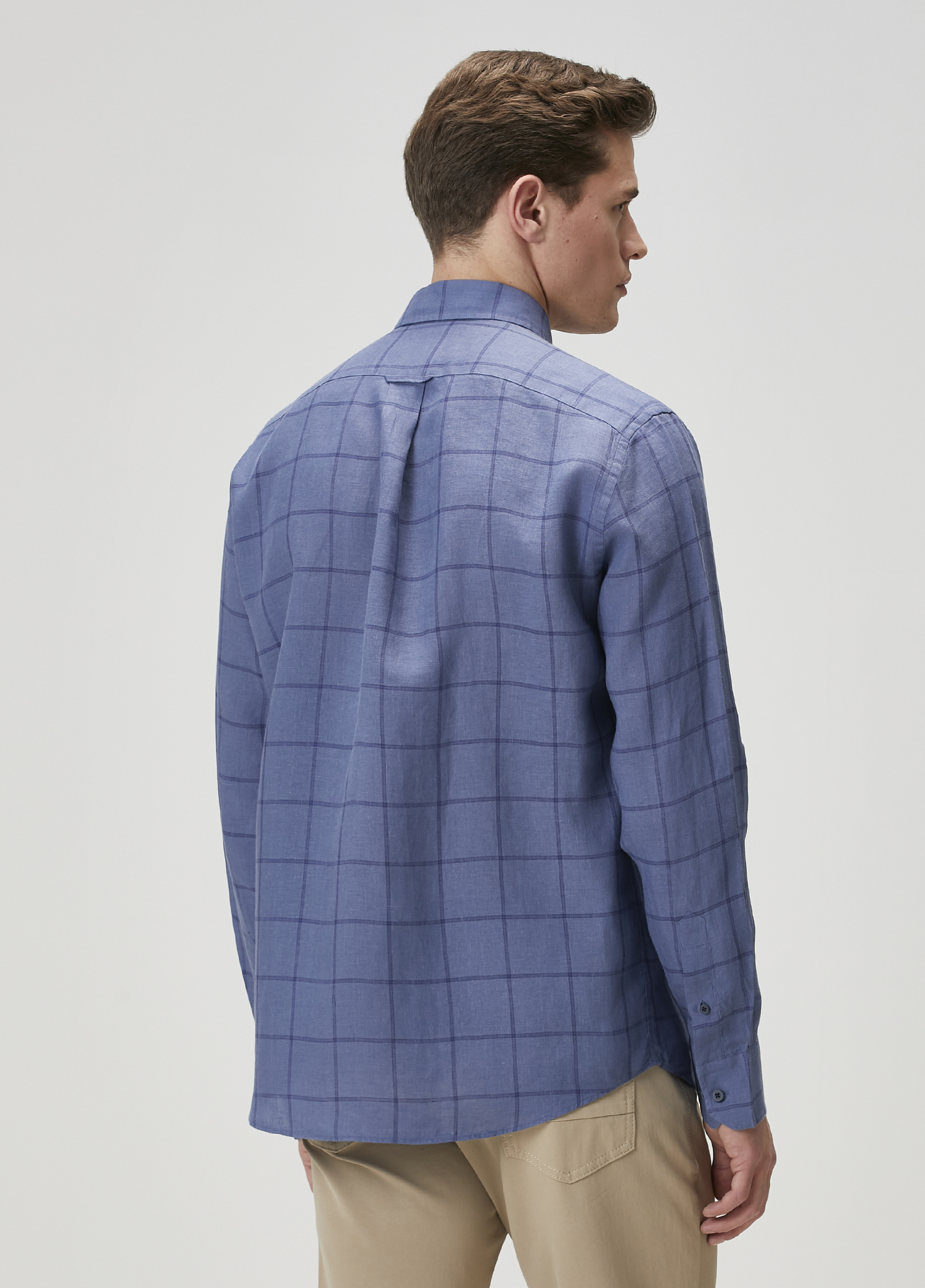 Comfort Fit Indigo Ekose Desenli Keten Gömlek_4