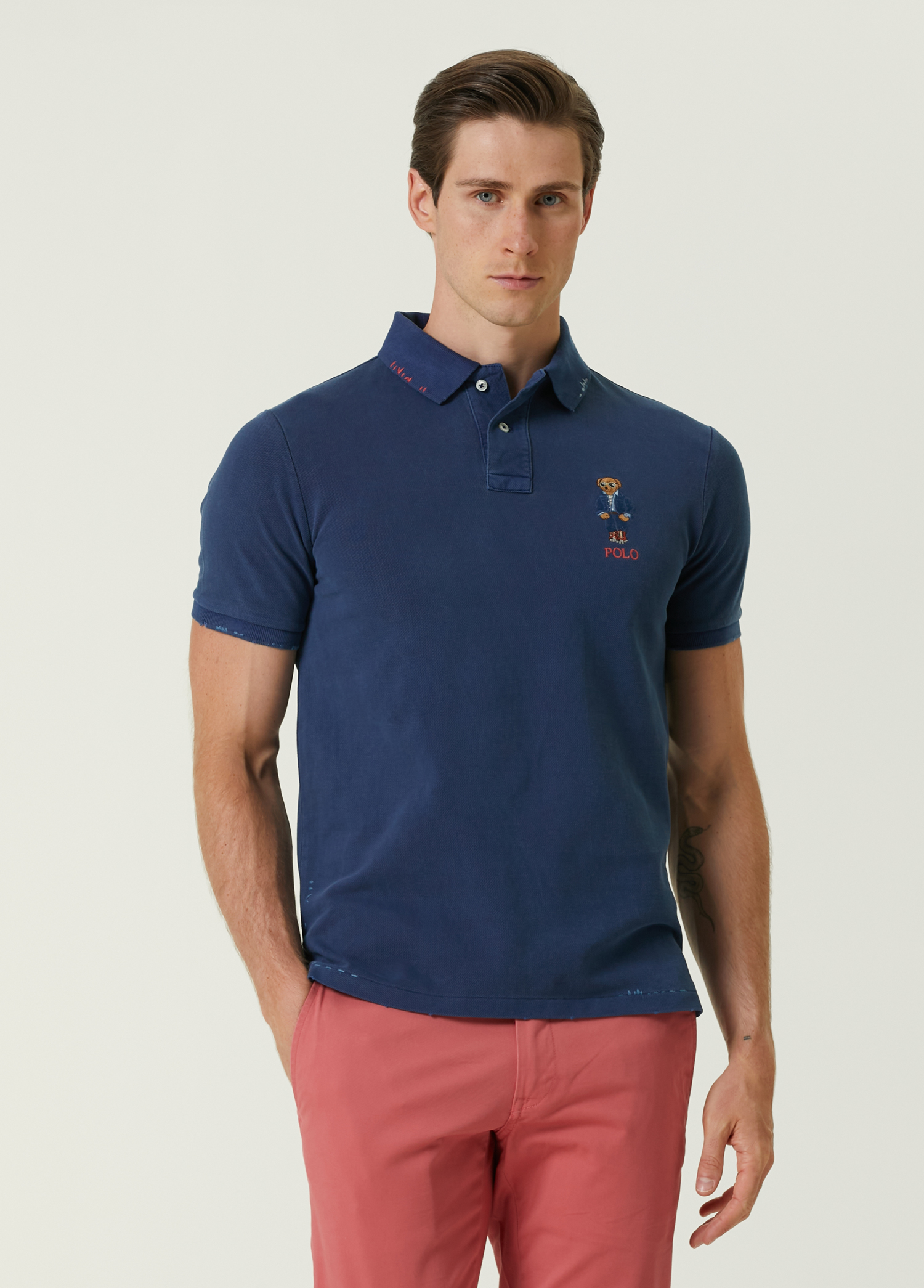 Lacivert Polo Yaka Logo Nakışlı T-shirt