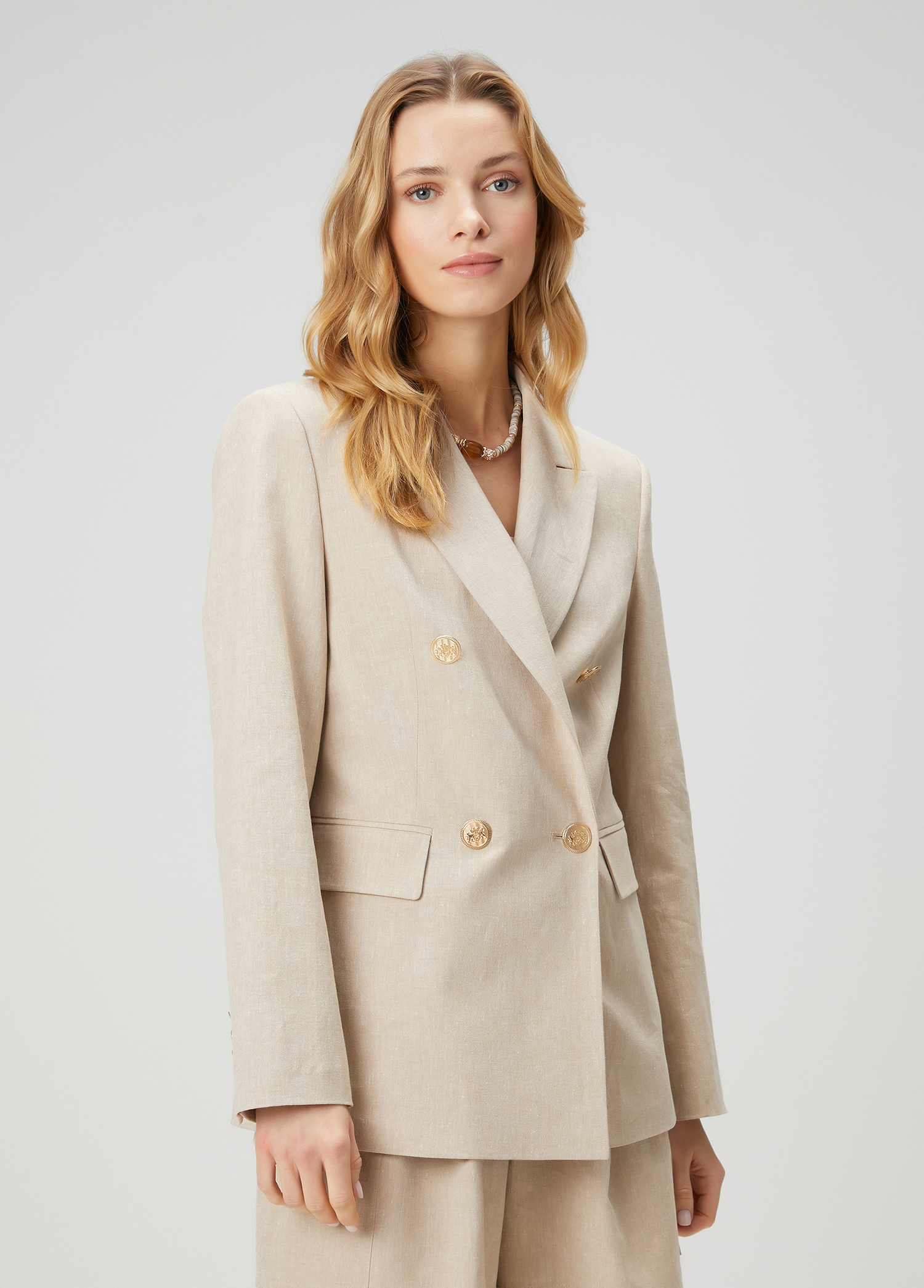 Bej Kruvaze Keten Blazer_4