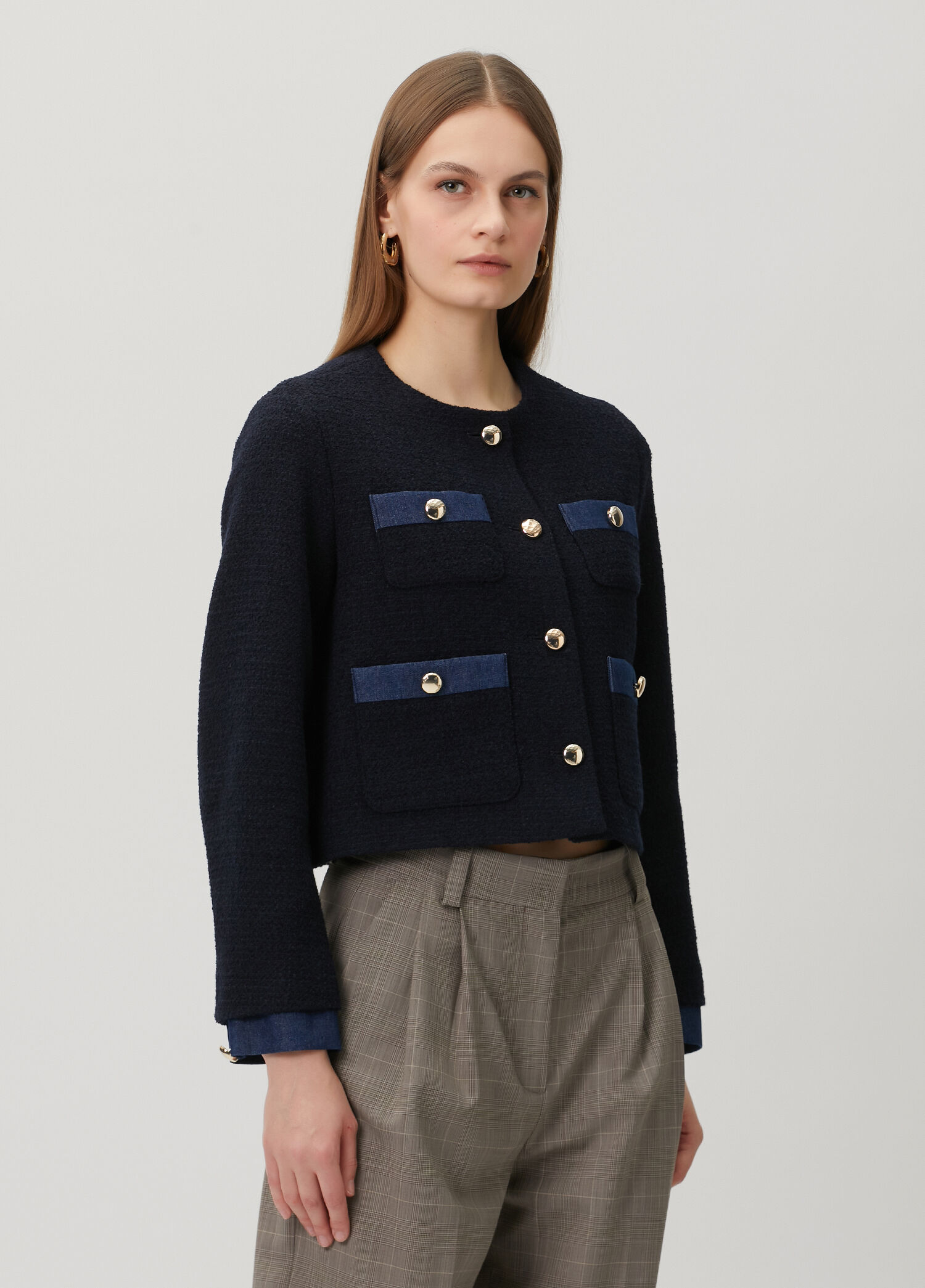 Lacivert Denim Garnili Tweed Ceket