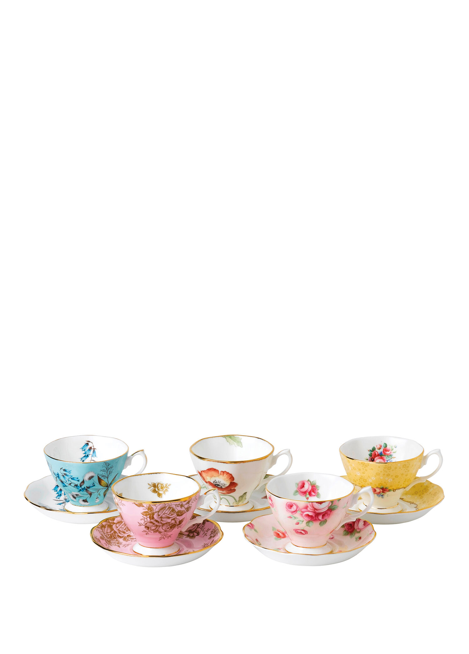 Royal Albert - 100 Years of Royal Albert 1950-1990 Fine Bone Porselen 5'li Çay Fincanı ve Tabağı Seti - Çok Renkli
