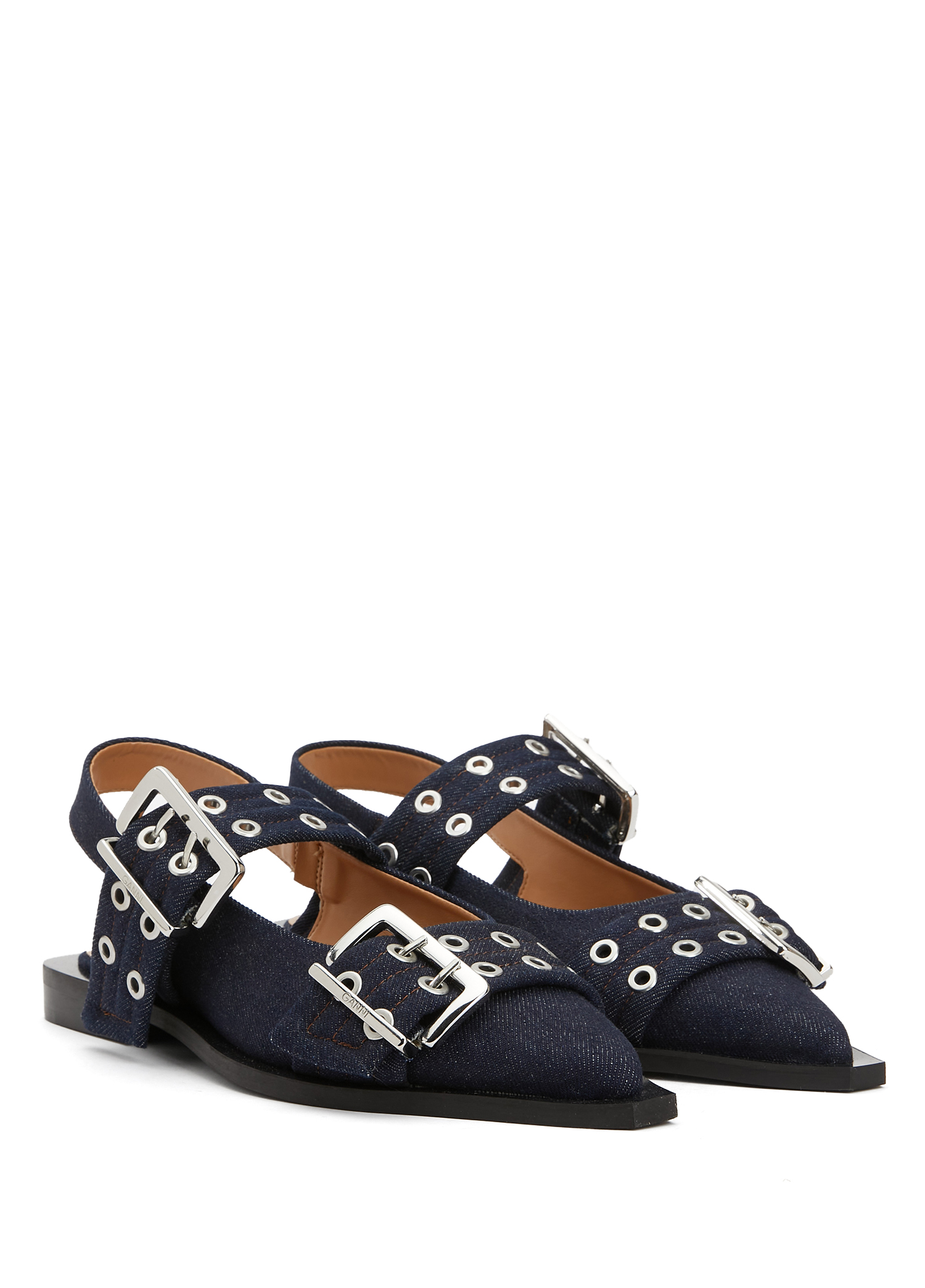 Ganni - Feminine Buckle Navy Blue Women's Denim Ballerinas