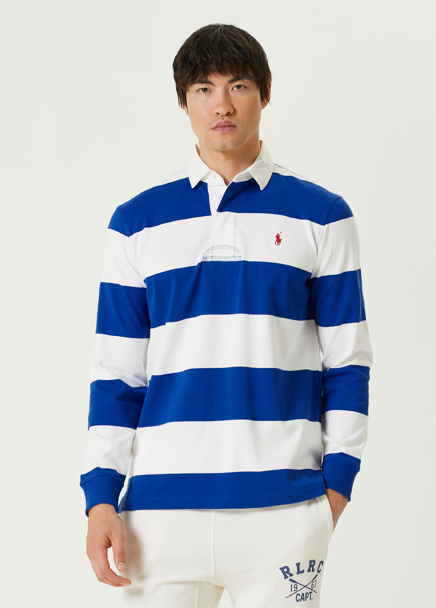 Lacivert Polo Yaka Çizgi Desenli Sweatshirt