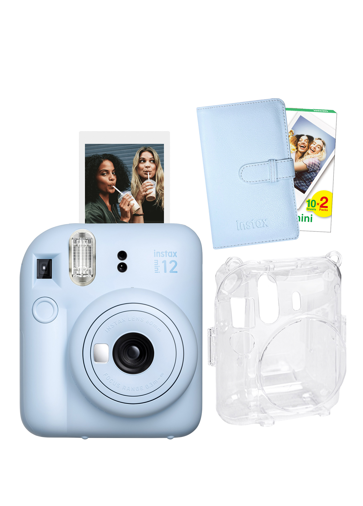 Instax mini 12 Mavi Fotoğraf Makinesi + 20'li Film Laporta Albüm ve Şeffaf Kılıf Seti