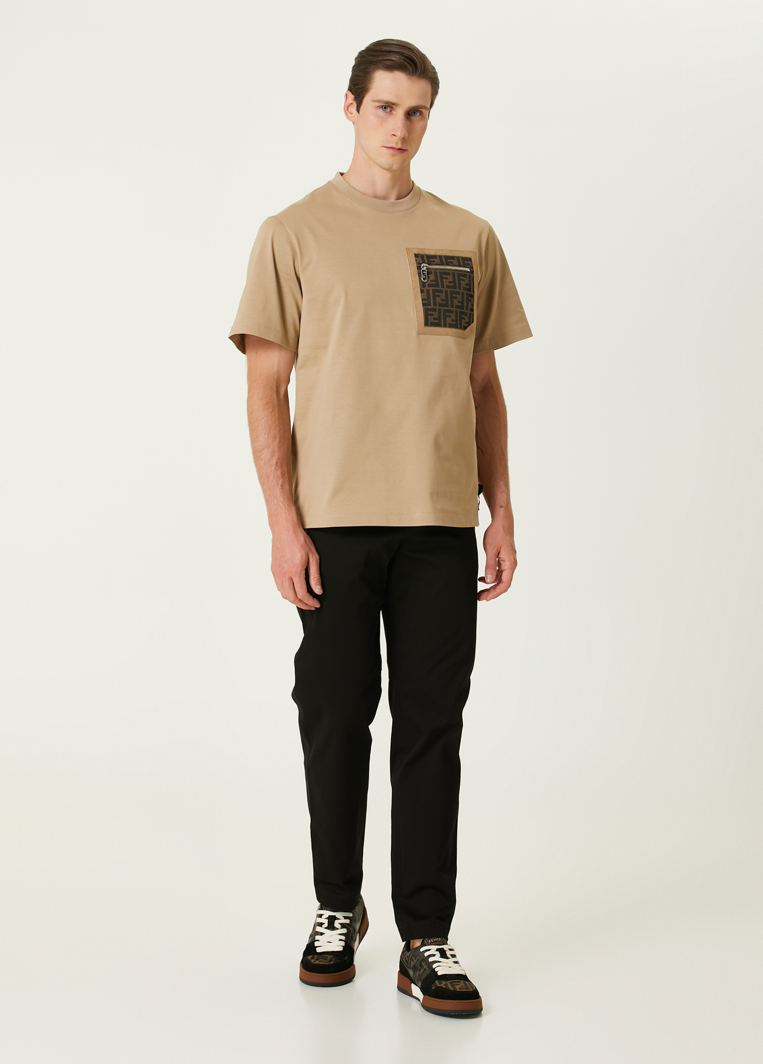 Tシャツ・カットソー FENDI Men T Shirts FZC358AU7S Brown Fendi - Beige Logo Detailed T-shirt