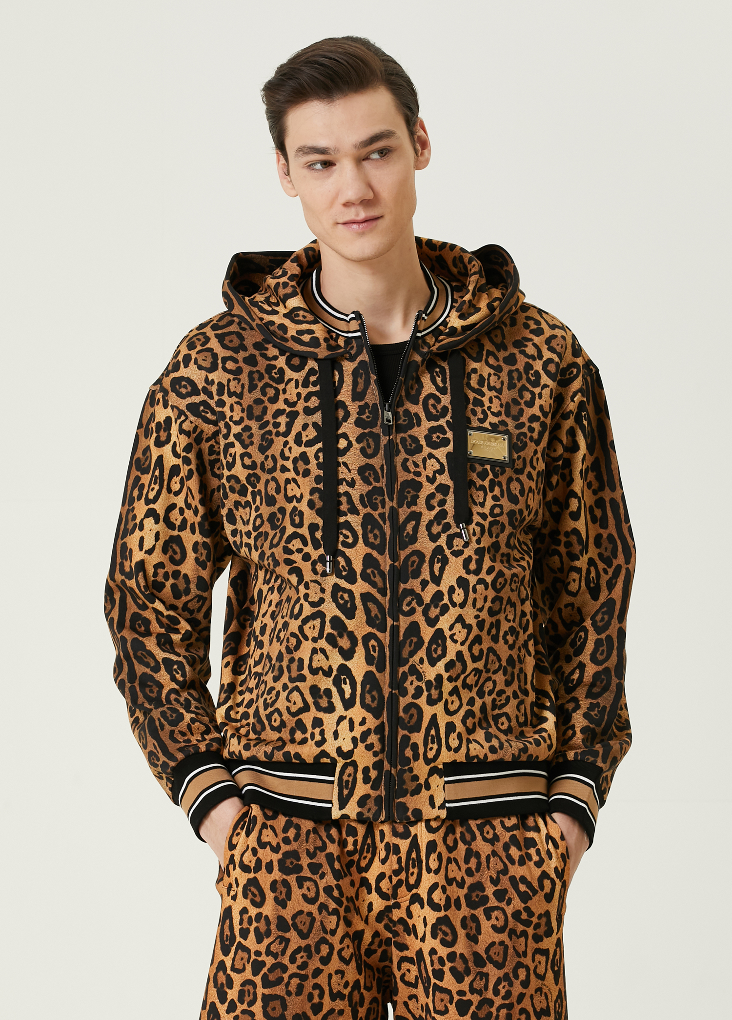 Siyah Kahverengi Kapüşonlu Leoparlı Sweatshirt