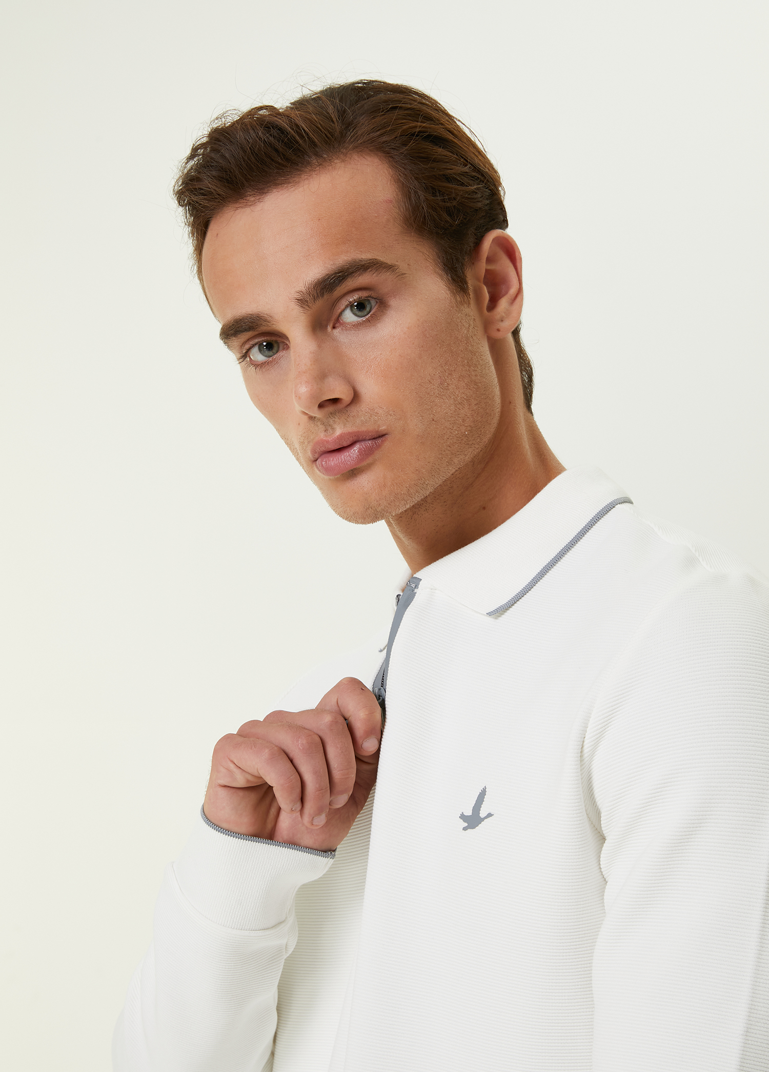 Slim Fit Ekru Polo Yaka Ottoman Dokulu Sweatshirt_6