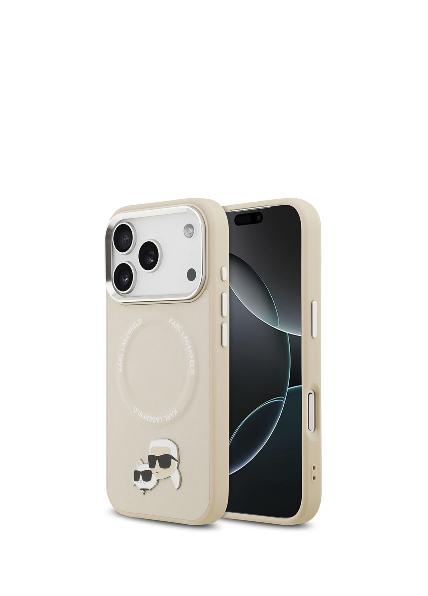 Karl Lagerfeld - iPhone 17 Pro Magsafe Uyumlu K&C PU Metal Detaylı Bej Deri Telefon Kılıfı - Bej
