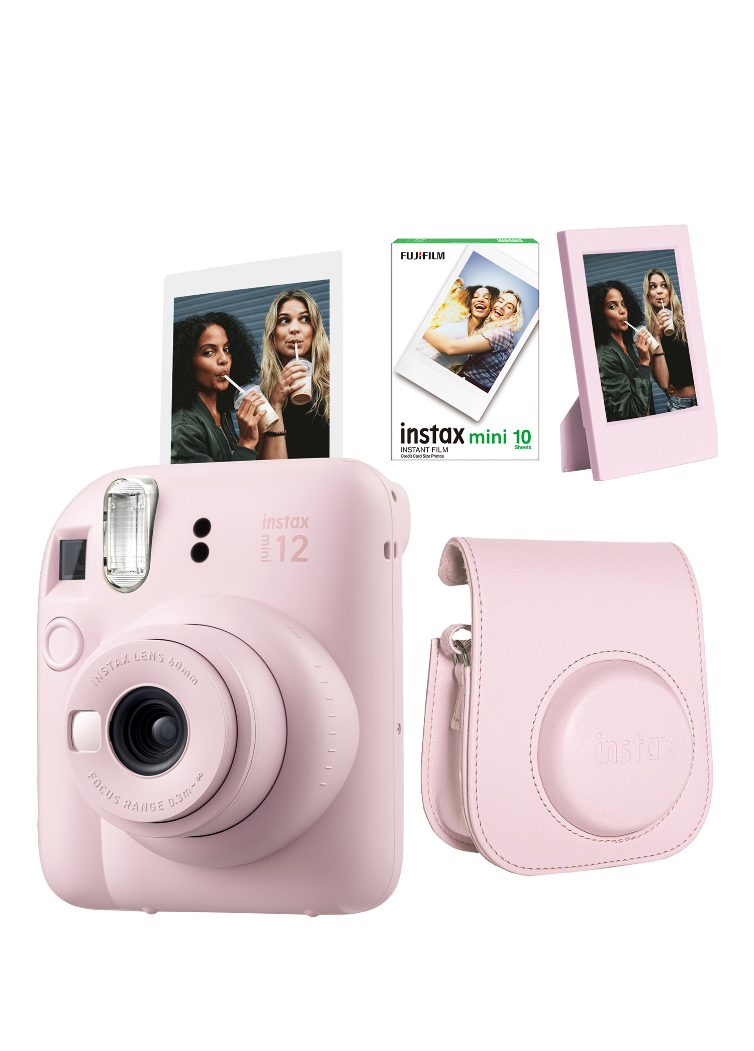 Instax Mini 12 Pembe Fotoğraf Makinesi + 10'lu Film Çerçeve ve Deri Kılıf Seti