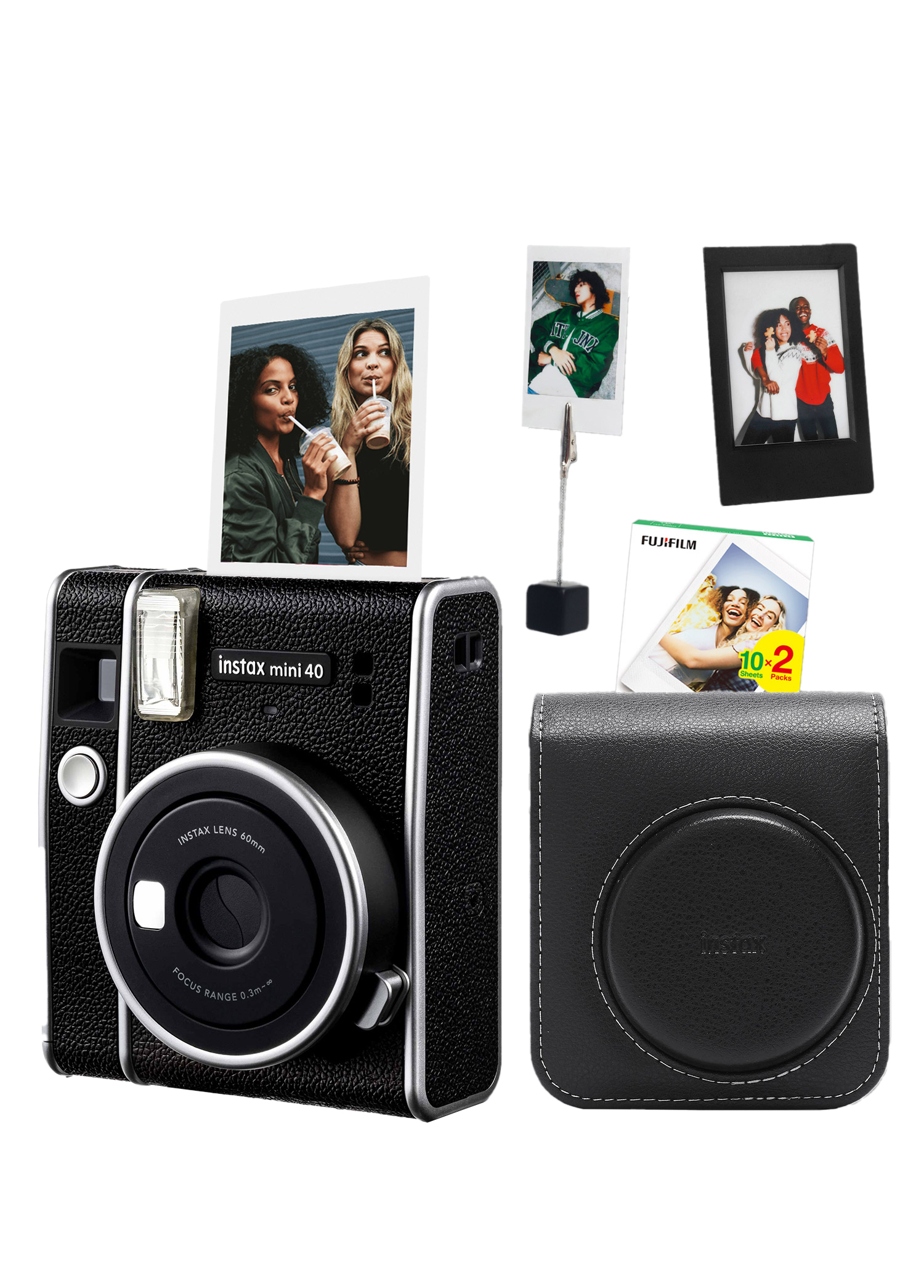 Instax Mini 40 Fotoğraf Makinası + 20'li Film Deri Kılıf Çerçeve ve Kıskaçlı Foto Stand Seti