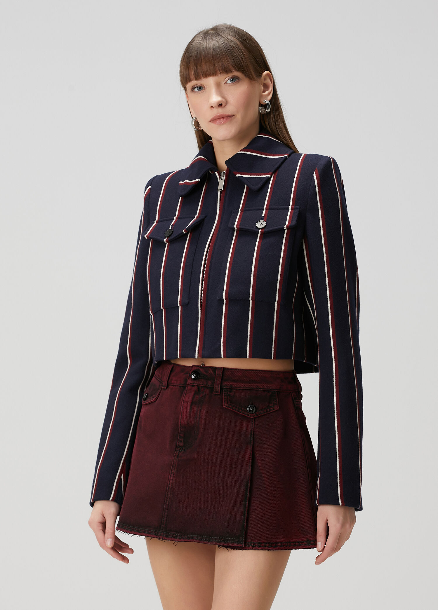 Lacivert Çizgili Crop Yün Ceket