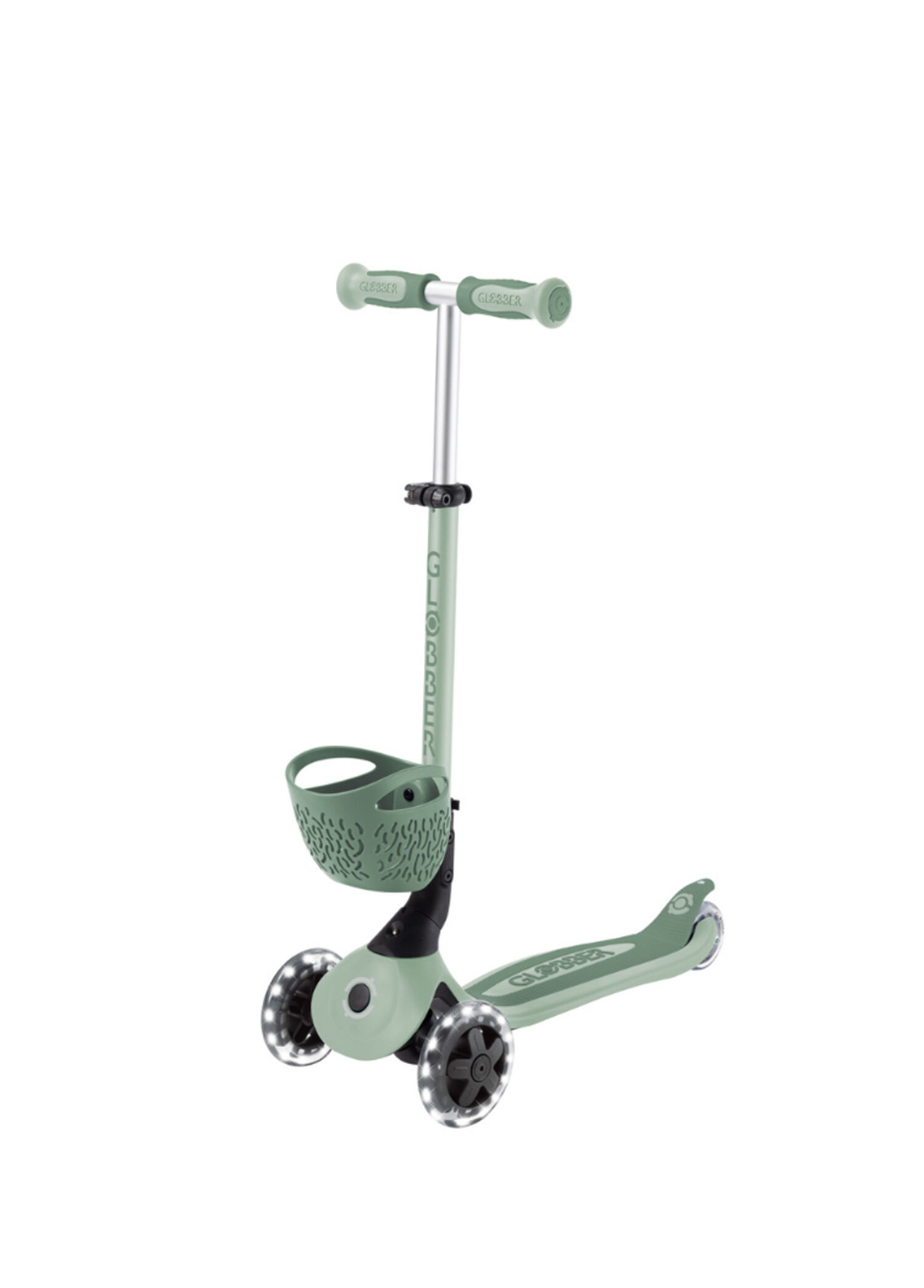 Go Up Baby 360  Zeytin Yeşili Işıklı Sepetli 3 Tekerlekli 15 Ay-9 Yaş Çocuk Scooter