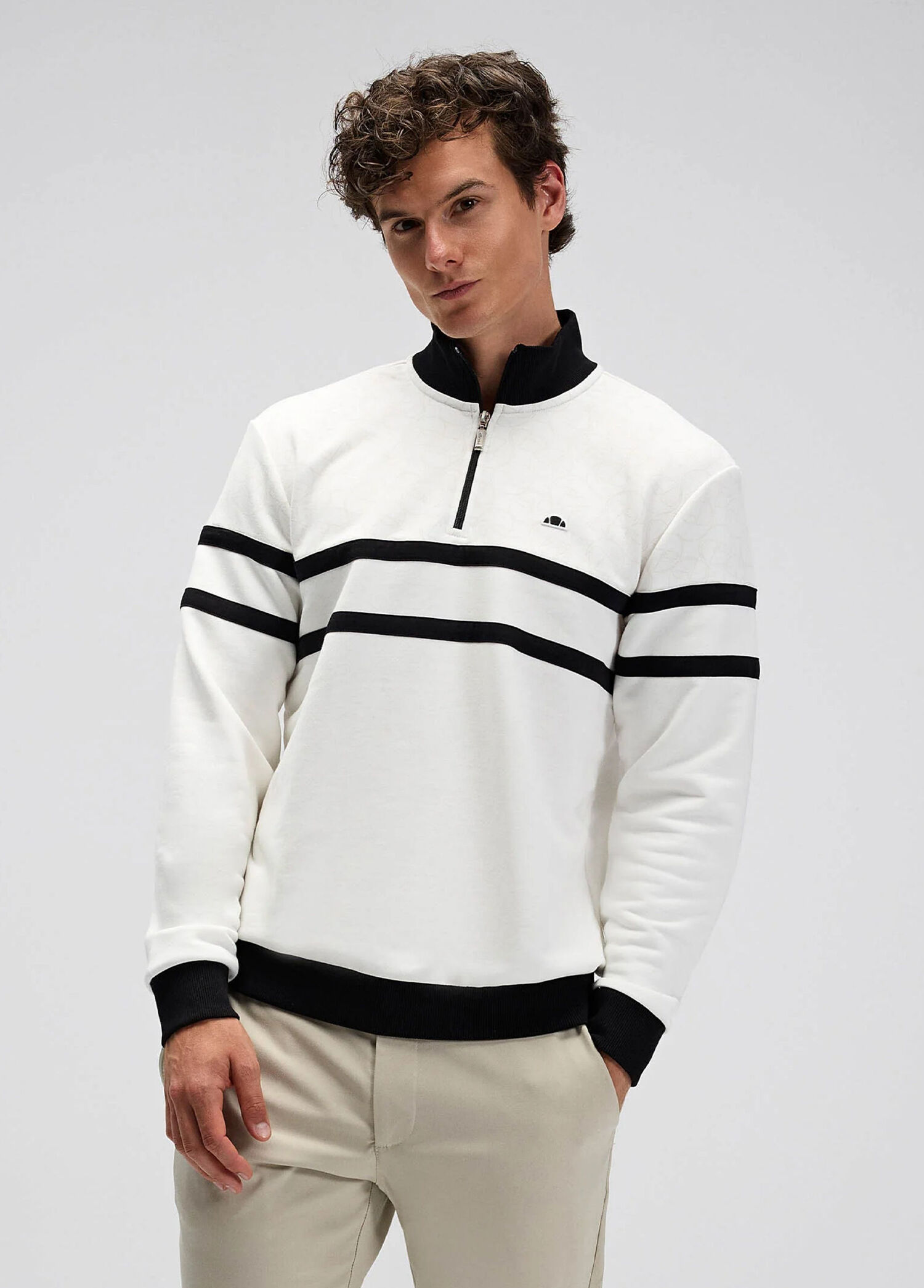 Kırık Beyaz Yarım Fermuarlı Uzun Kollu Erkek Sweatshirt EM619-OF