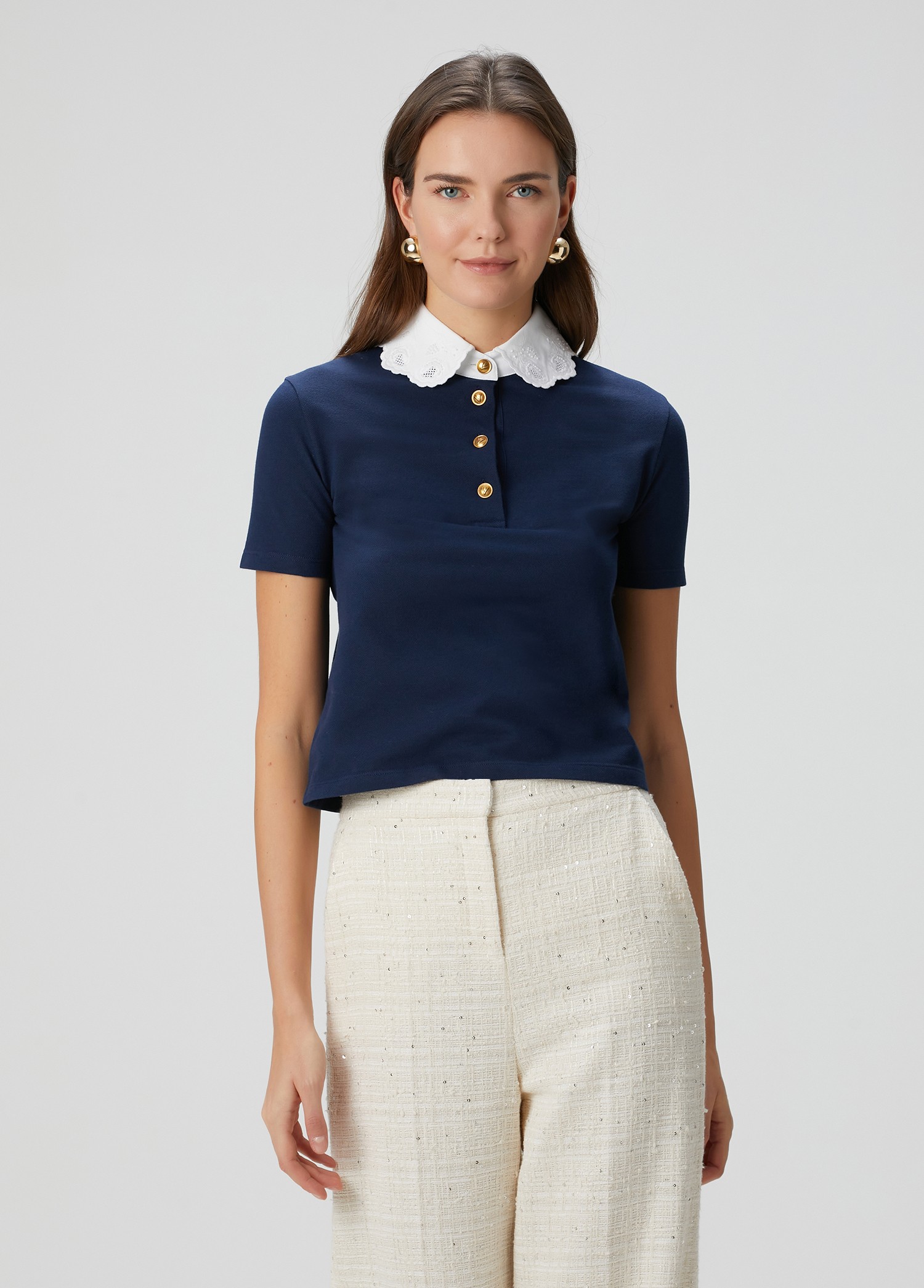Tシャツ・カットソー VALENTINO Woman Polo Shirt Navy 7B3KC65F9EQ 671 Valentino - Navy Blue White Embroidered Polo T-Shirt