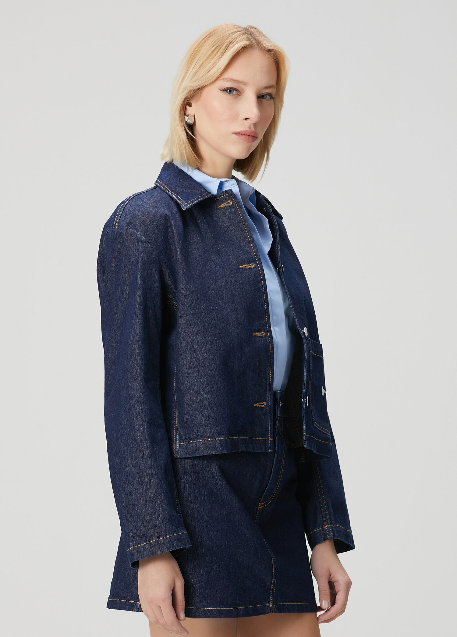 Koyu Mavi Crop Denim Ceket