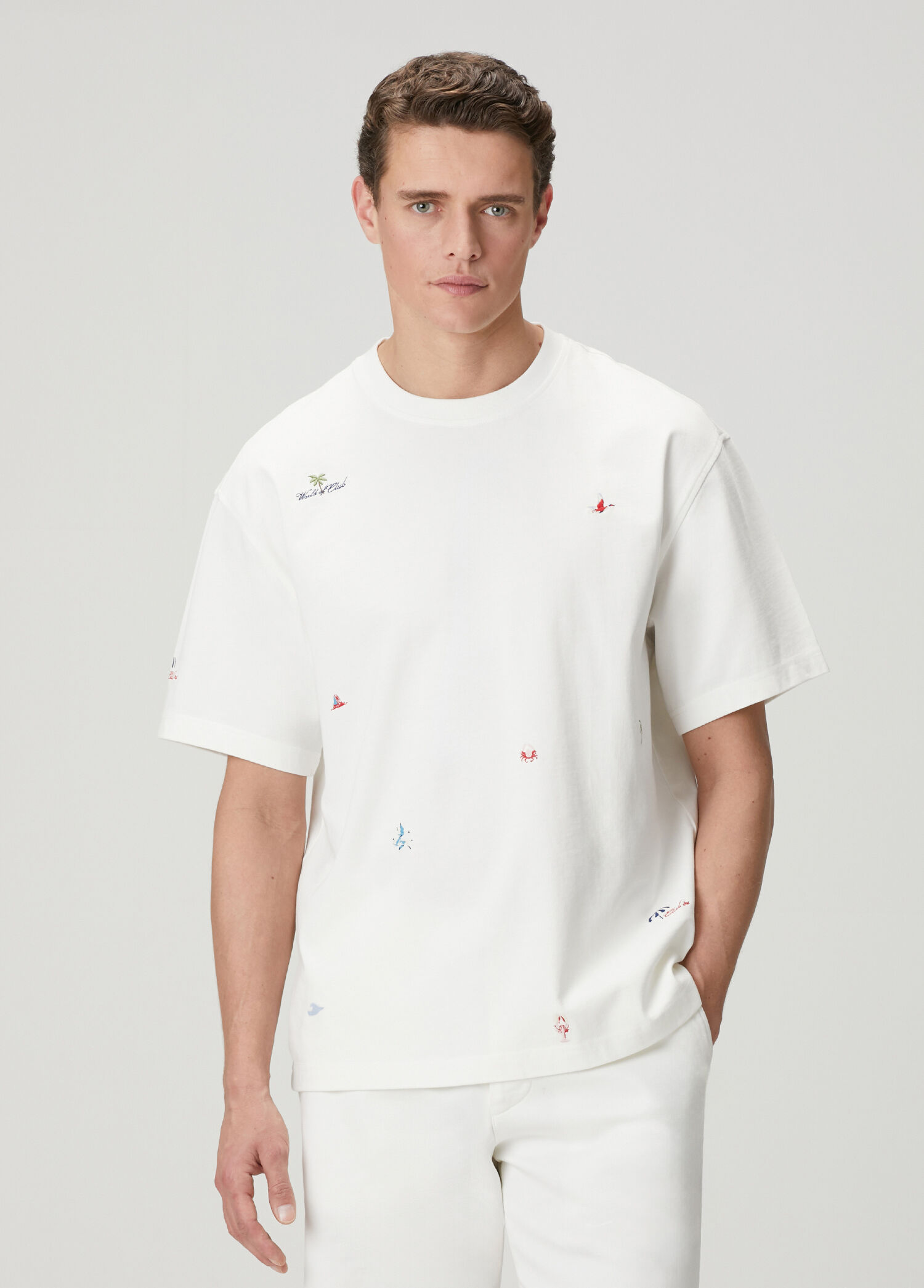 White Relax Fit Print And Embroidered T-Shirt