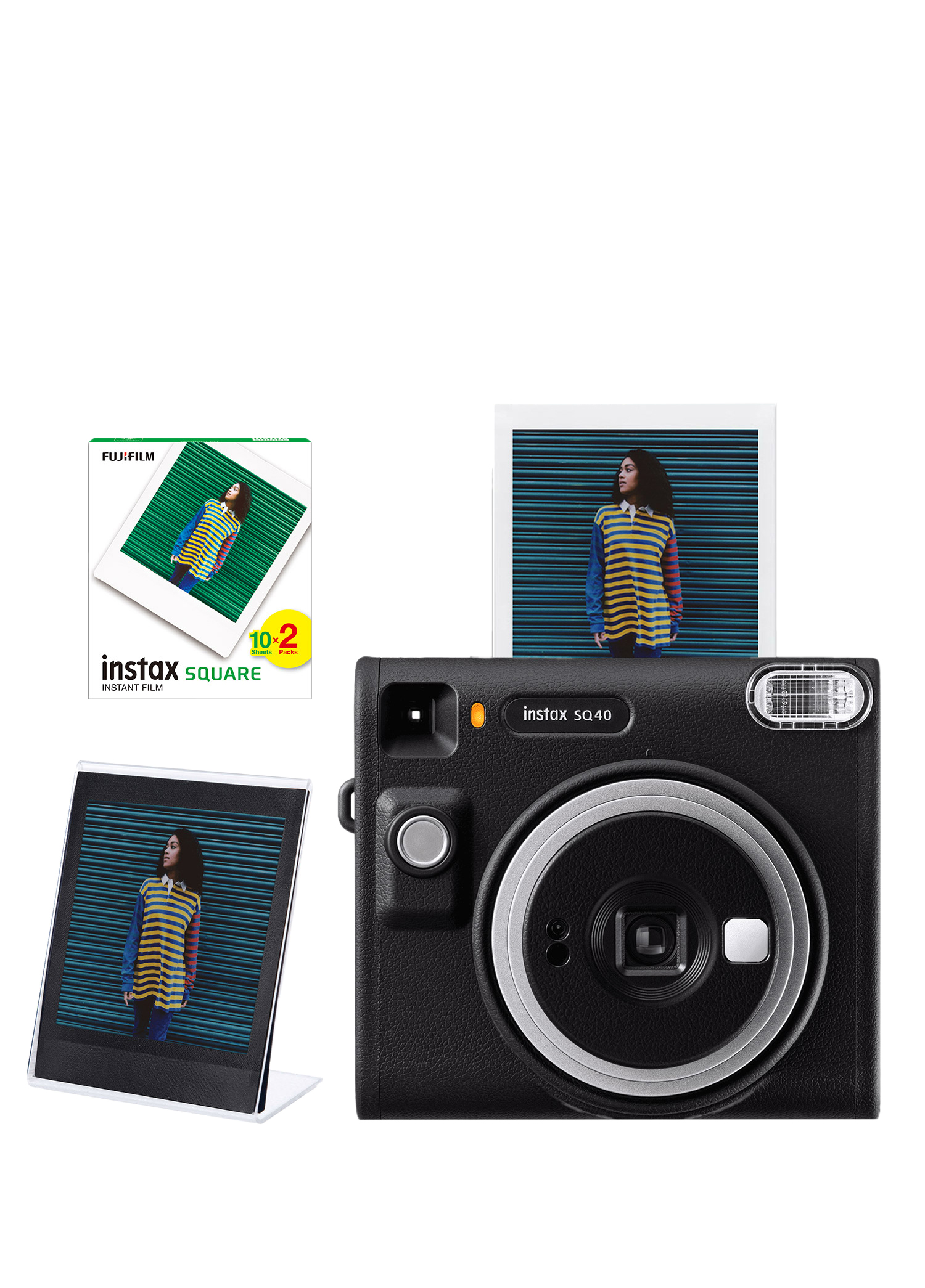 Instax SQ40 Siyah Fotoğraf Makinesi + 20'li Kare Film ve Pleksi Çerçeve Seti