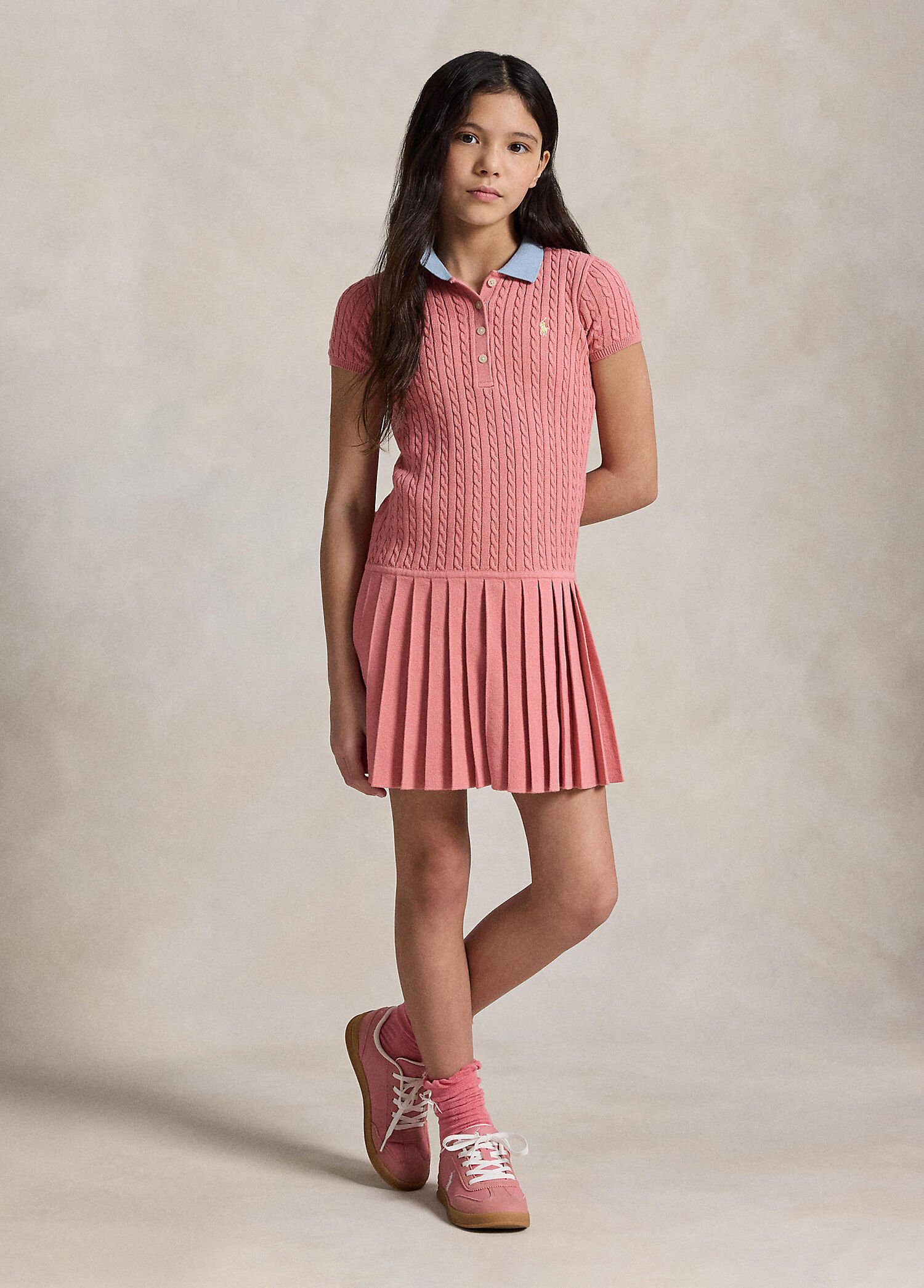 Pembe Polo Yaka Kız Çocuk Elbise