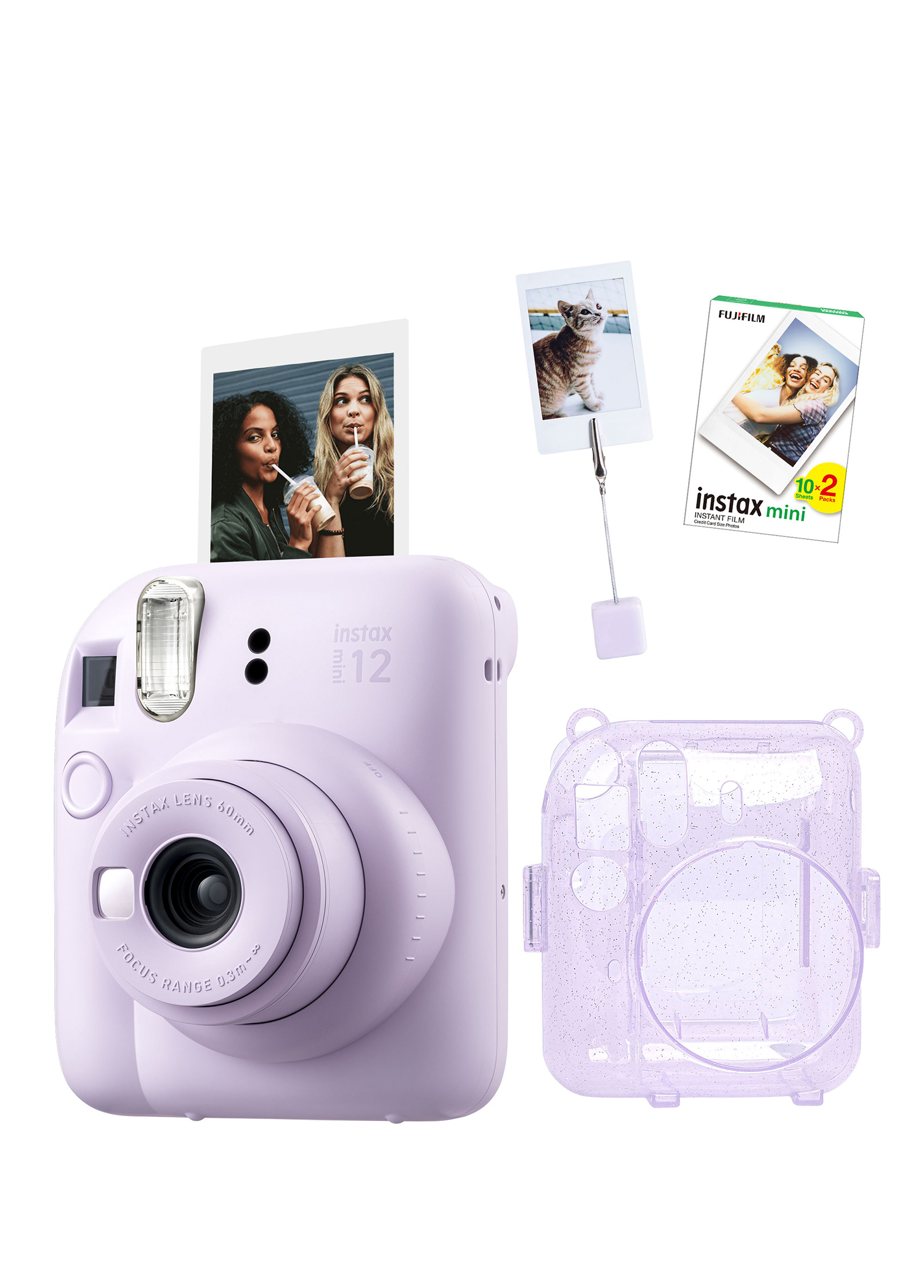 Instax Mini 12 Lila Fotoğraf Makinesi + 20'li Film Kıskaçlı Resim Standı ve Simli Pleksi Kılıf Seti