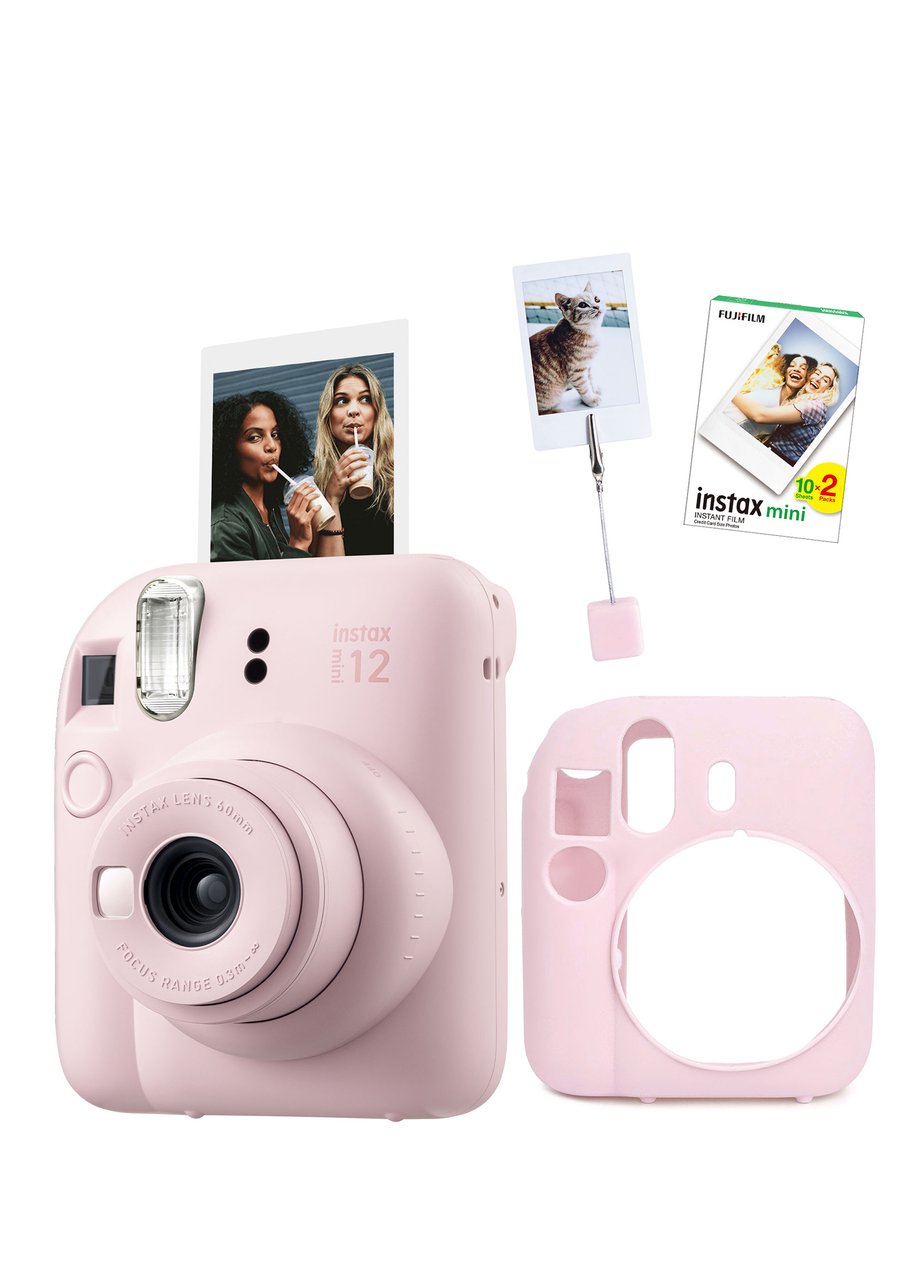 Instax Mini 12 Pembe Fotoğraf Makinesi + 20'li Film Kıskaçlı Resim Standı ve Silikon Kılıf Seti