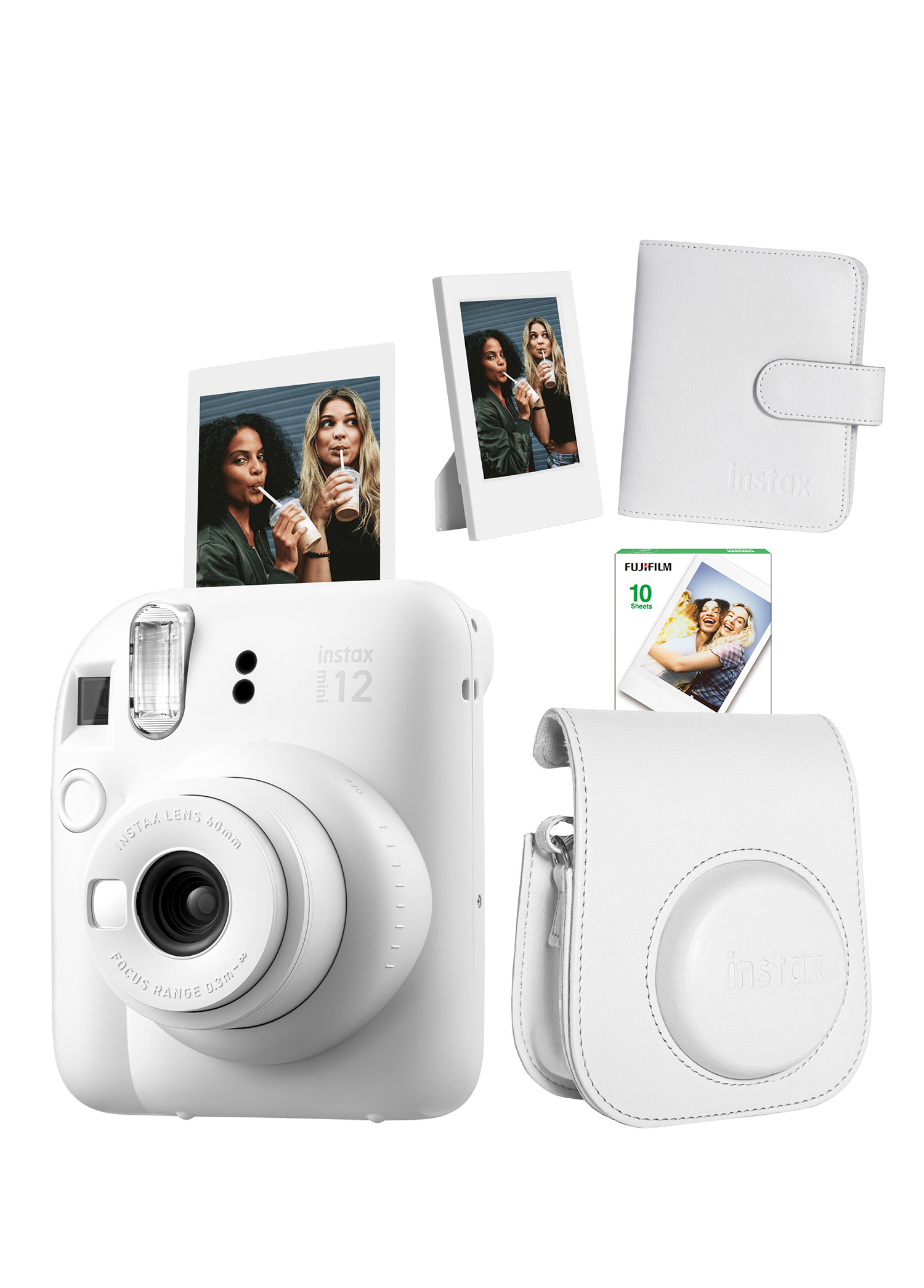 Instax Mini 12 Beyaz Fotoğraf Makinesi + 10'lu Film Çerçeve Kare Albüm ve Deri Kılıf Seti