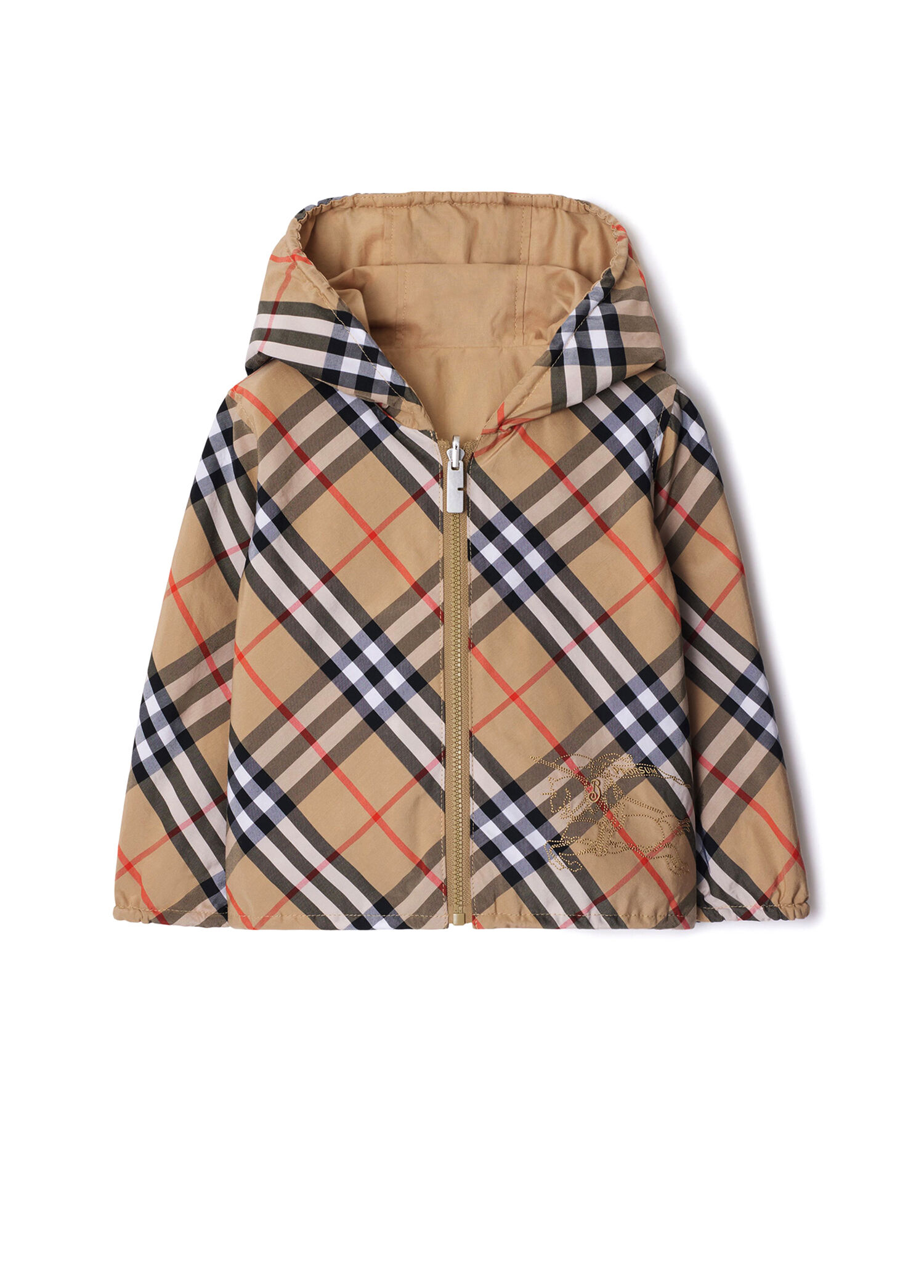 Reversible Check Bej Pamuk Karışımlı Kapüşonlu Çift Taraflı Unisex Çocuk Ceket