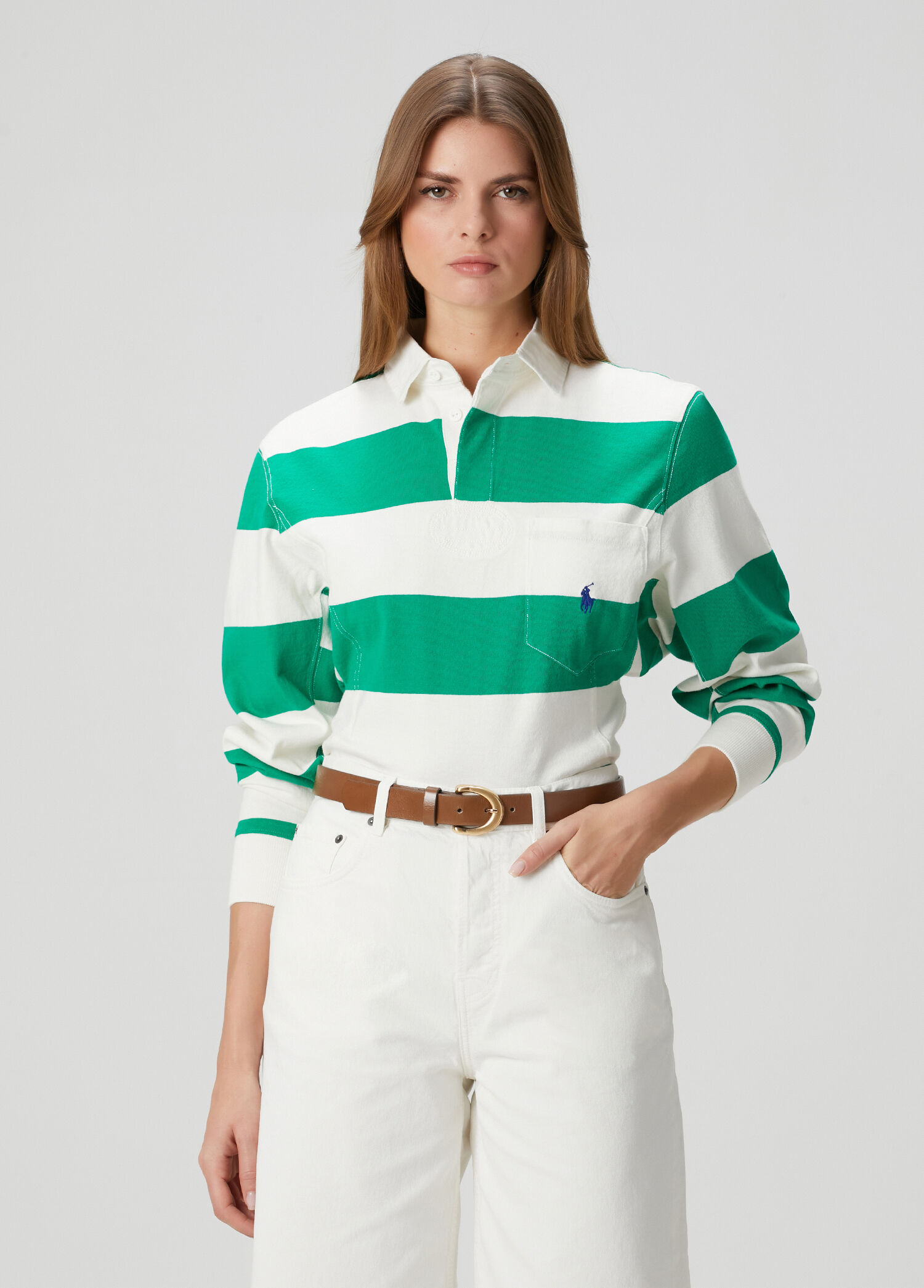 Beyaz Yeşil Çizgili Polo Sweatshirt