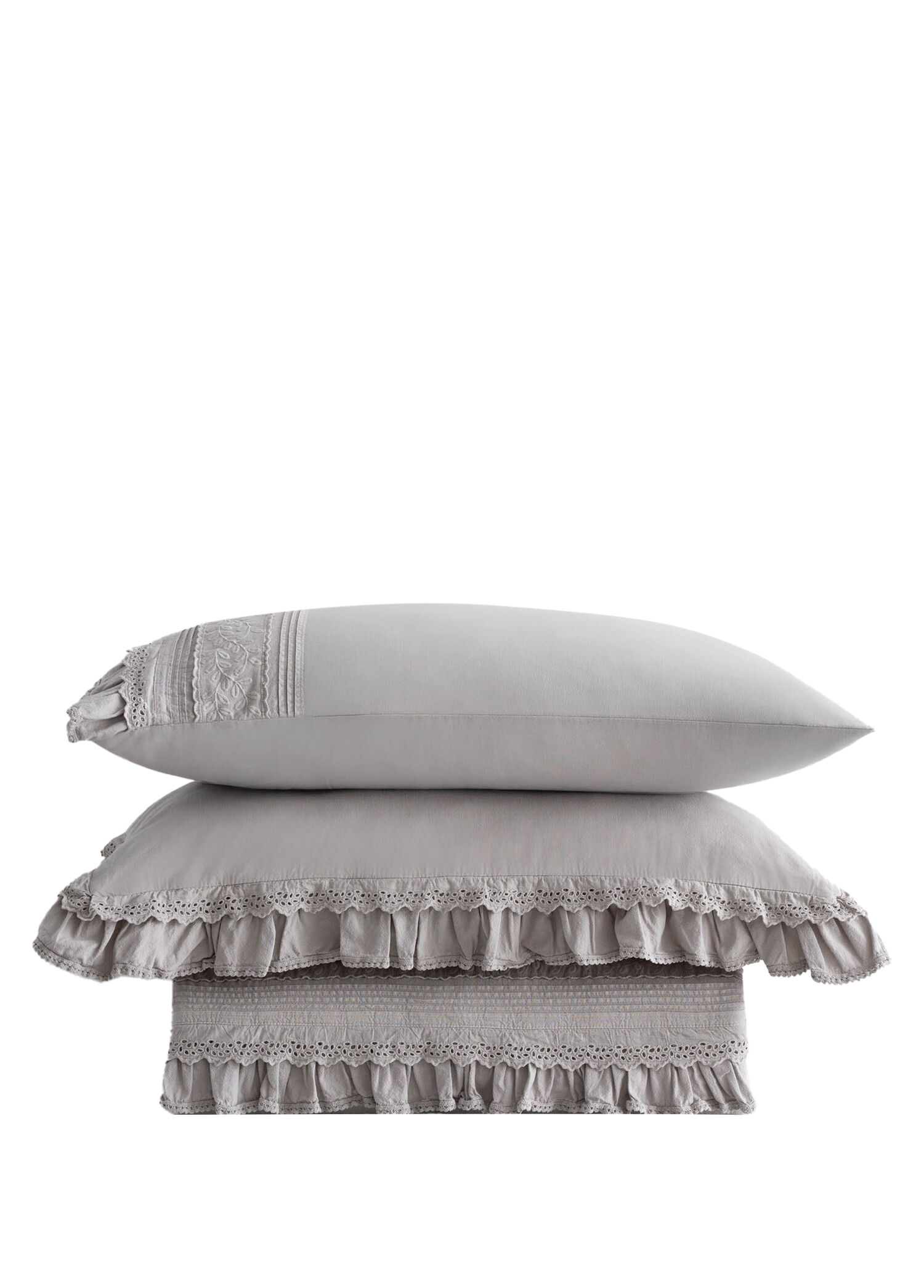 Adelya Gri Organik Pamuk Keten Brodeli Battal Boy Nevresim Takımı 240 x 220 Cm