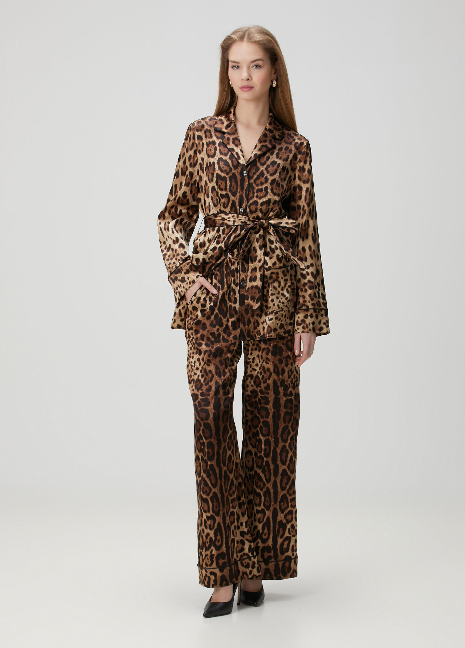 Dolce&Gabbana Kahverengi Kadın Leopar Desenli İpek Pantolon