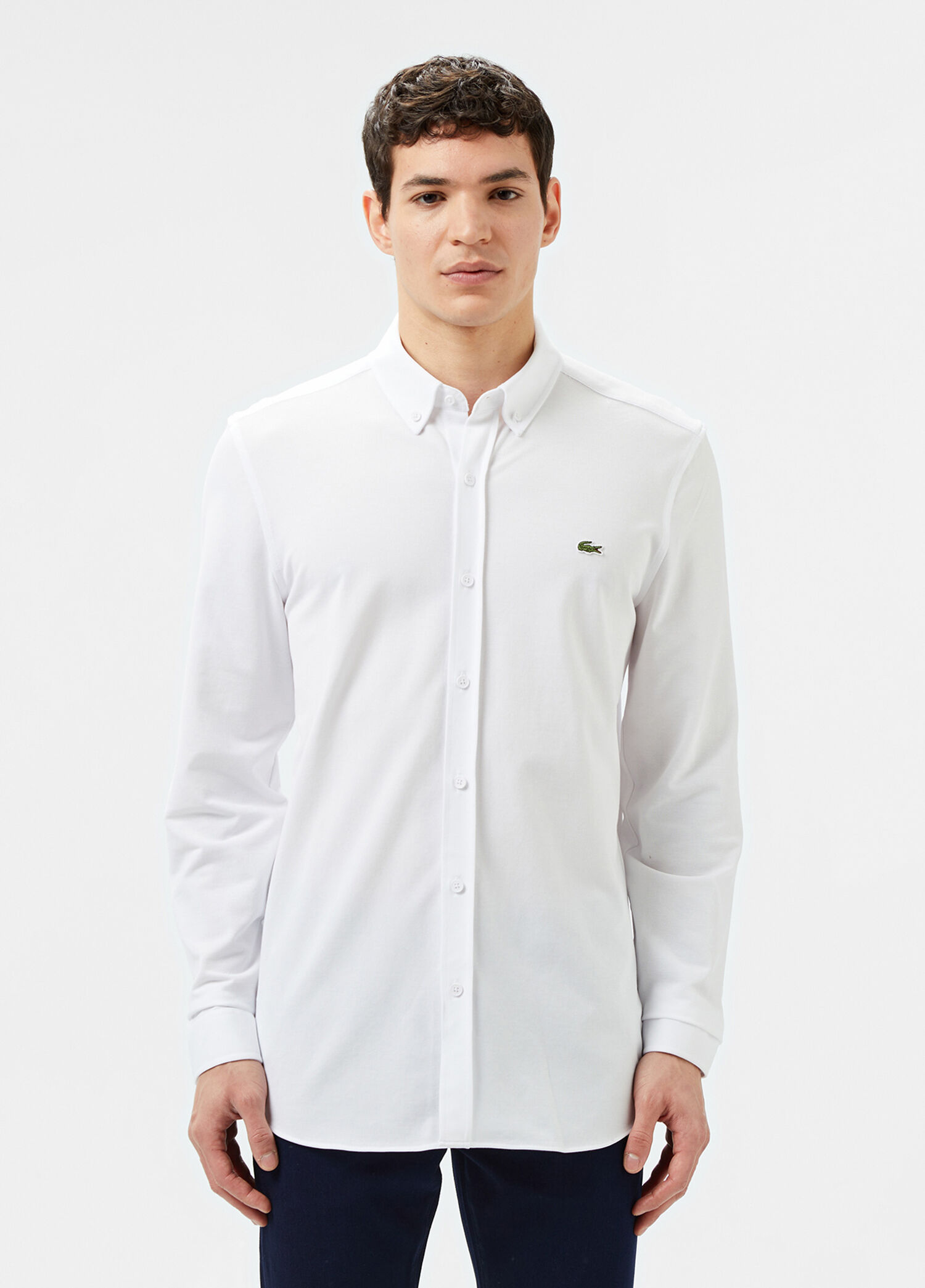 Beyaz Uzun Kollu Düğmeli Yaka Slim Fit Erkek Gömlek