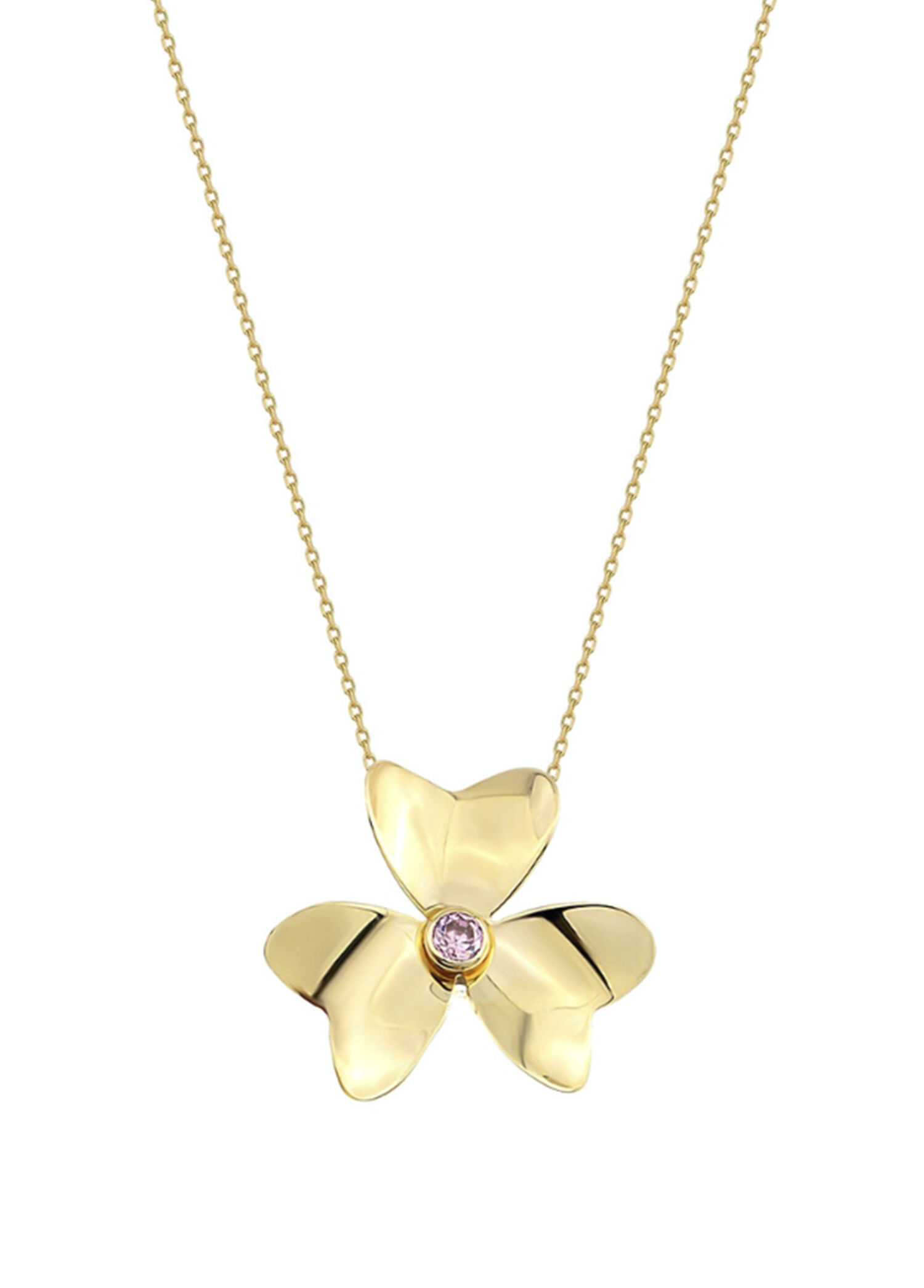 Pink Quartz Clover 14 Ayar Altın Kadın Kolye